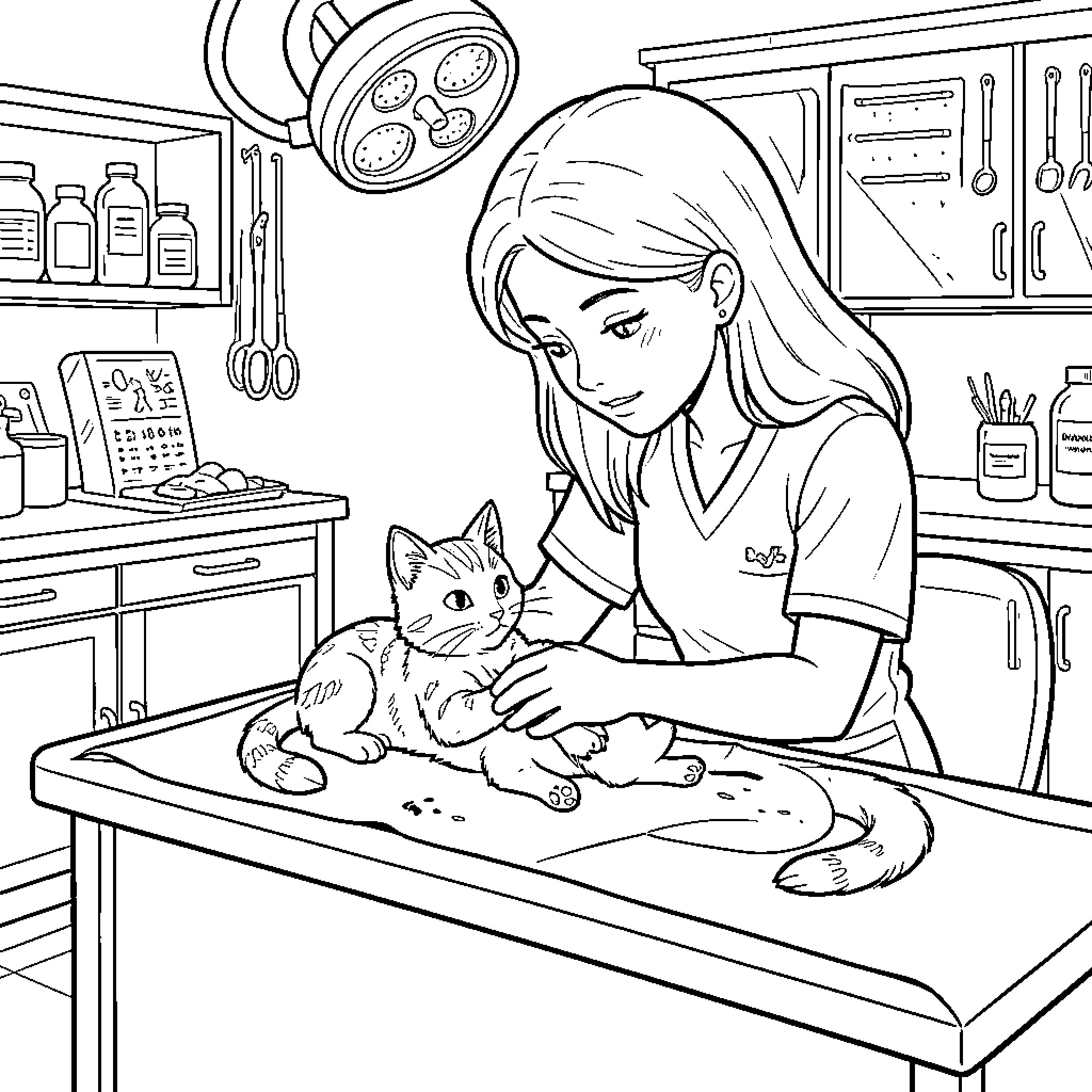 Zoey examining a kitten in a veterinary clinic Coloring Page (free black-and-white line drawing printable PDF for all, from beginners to advanced learners, including children, teens, adults, and seniors)