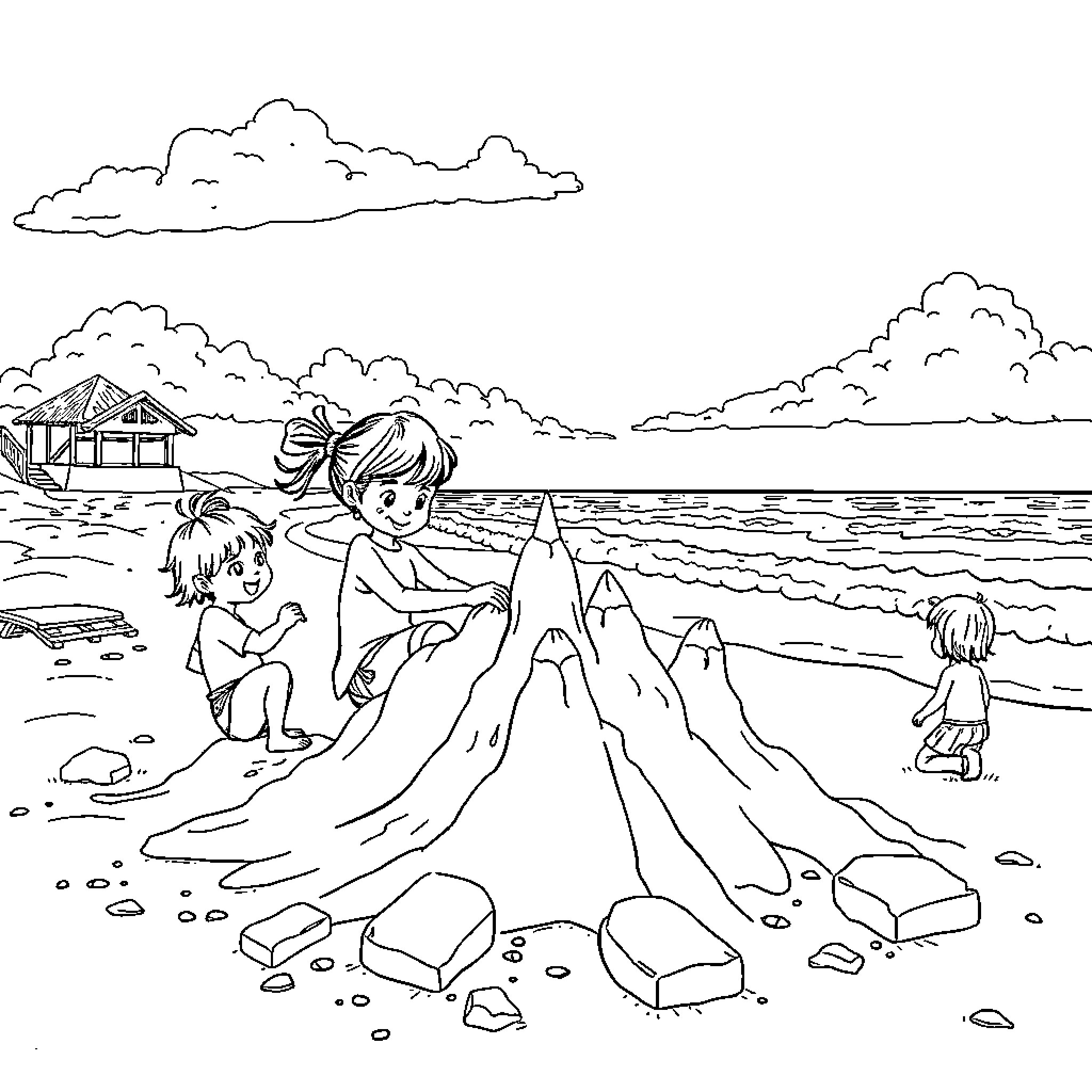 Wednesday by the Seaside: Children Building Sand Castles Coloring Page (free black-and-white line drawing printable PDF for all, from beginners to advanced learners, including children, teens, adults, and seniors)