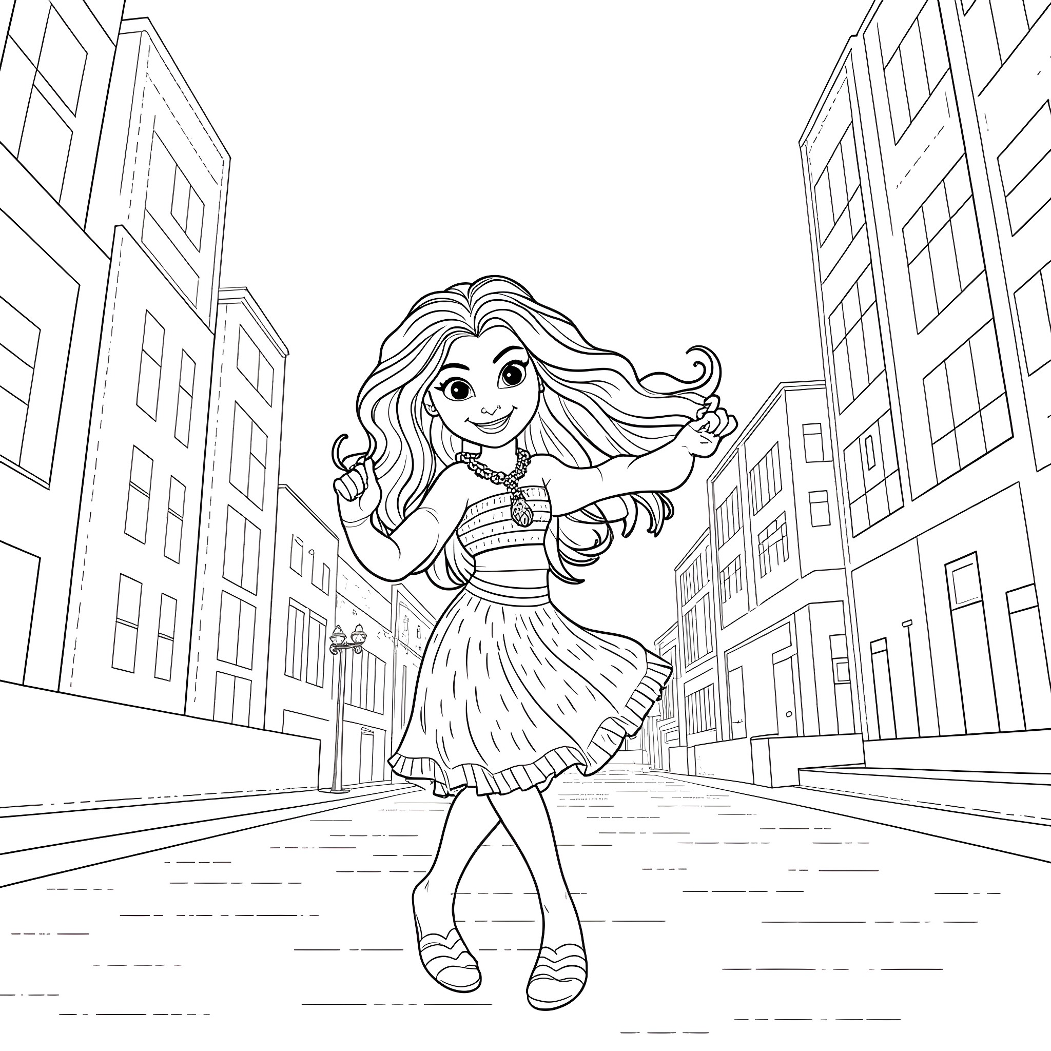 Moana exploring the city streets with joy Coloring Page (free black-and-white line drawing printable PDF for all, from beginners to advanced learners, including children, teens, adults, and seniors)