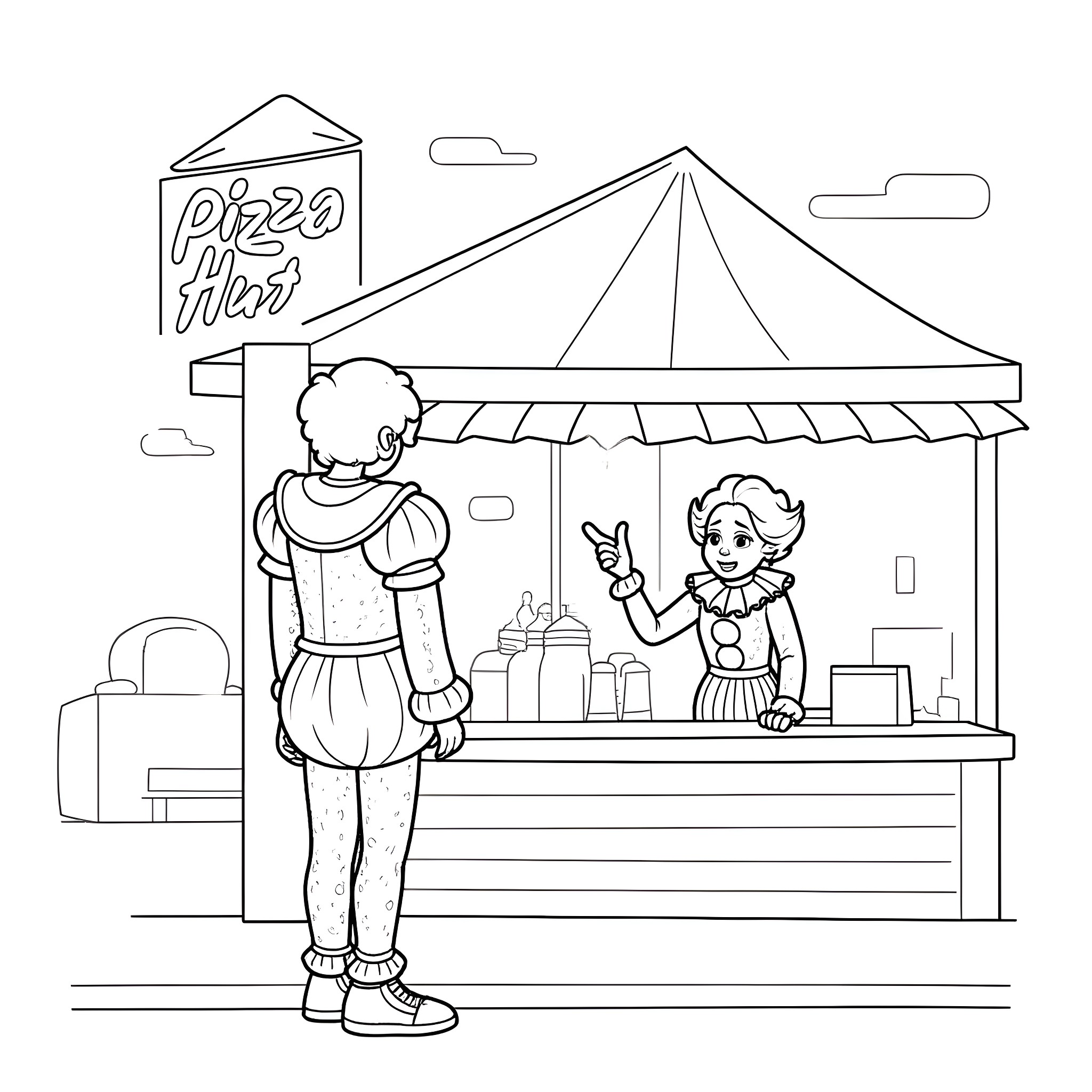 Pennywise visits the pizza hut carnival stand Coloring Page (free black-and-white line drawing printable PDF for all, from beginners to advanced learners, including children, teens, adults, and seniors)
