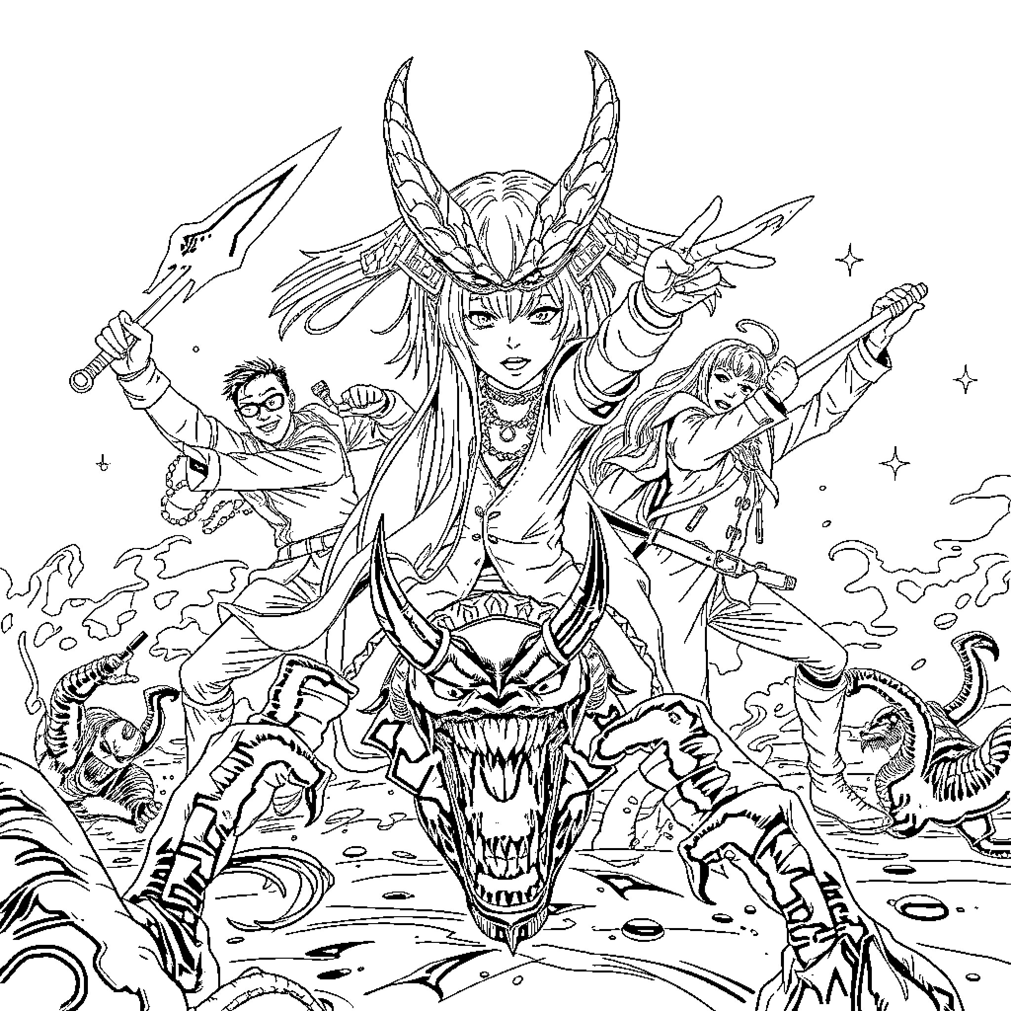 Demon Hunter leading heroic team into epic battle Coloring Page (free black-and-white line drawing printable PDF for all, from beginners to advanced learners, including children, teens, adults, and seniors)