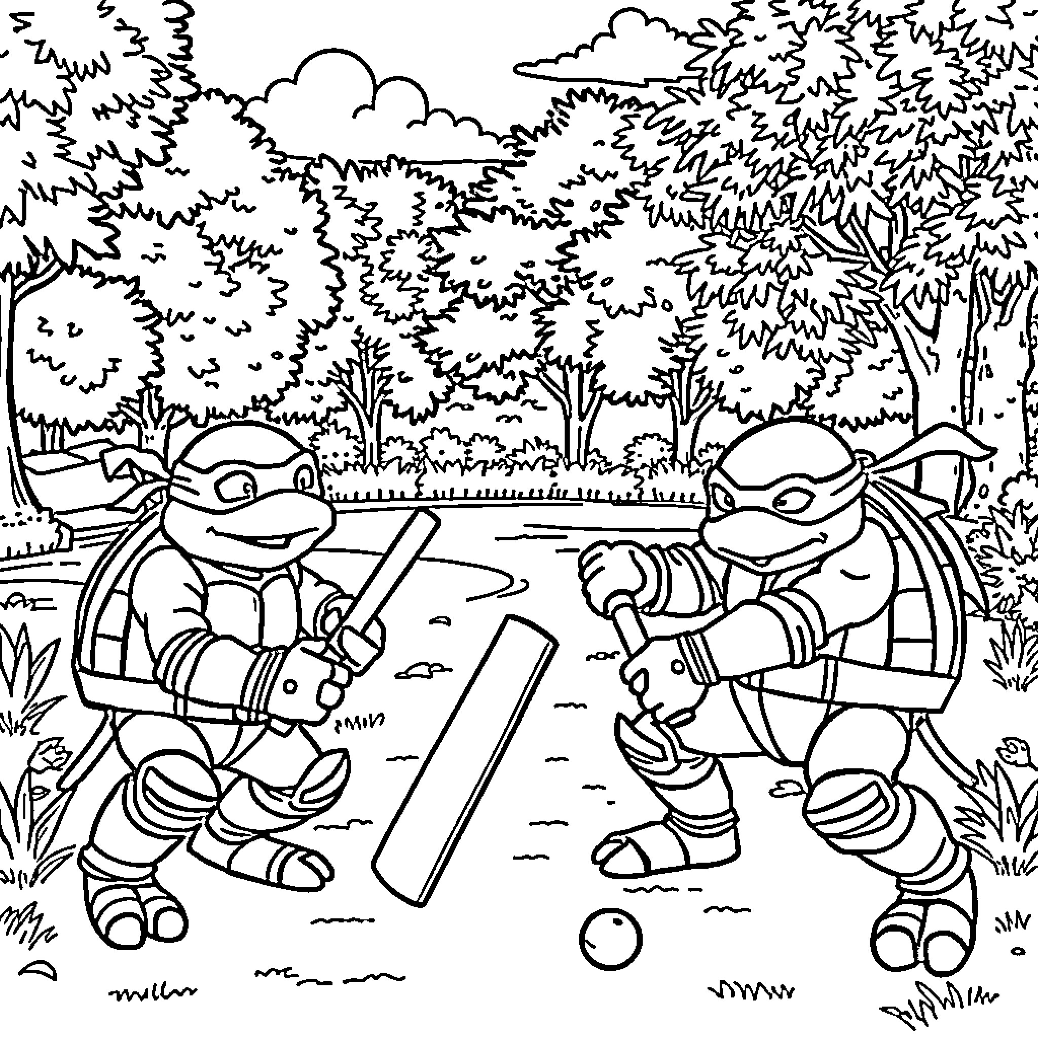 Ninja Turtles playing in the forest Coloring Page (free black-and-white line drawing printable PDF for all, from beginners to advanced learners, including children, teens, adults, and seniors)