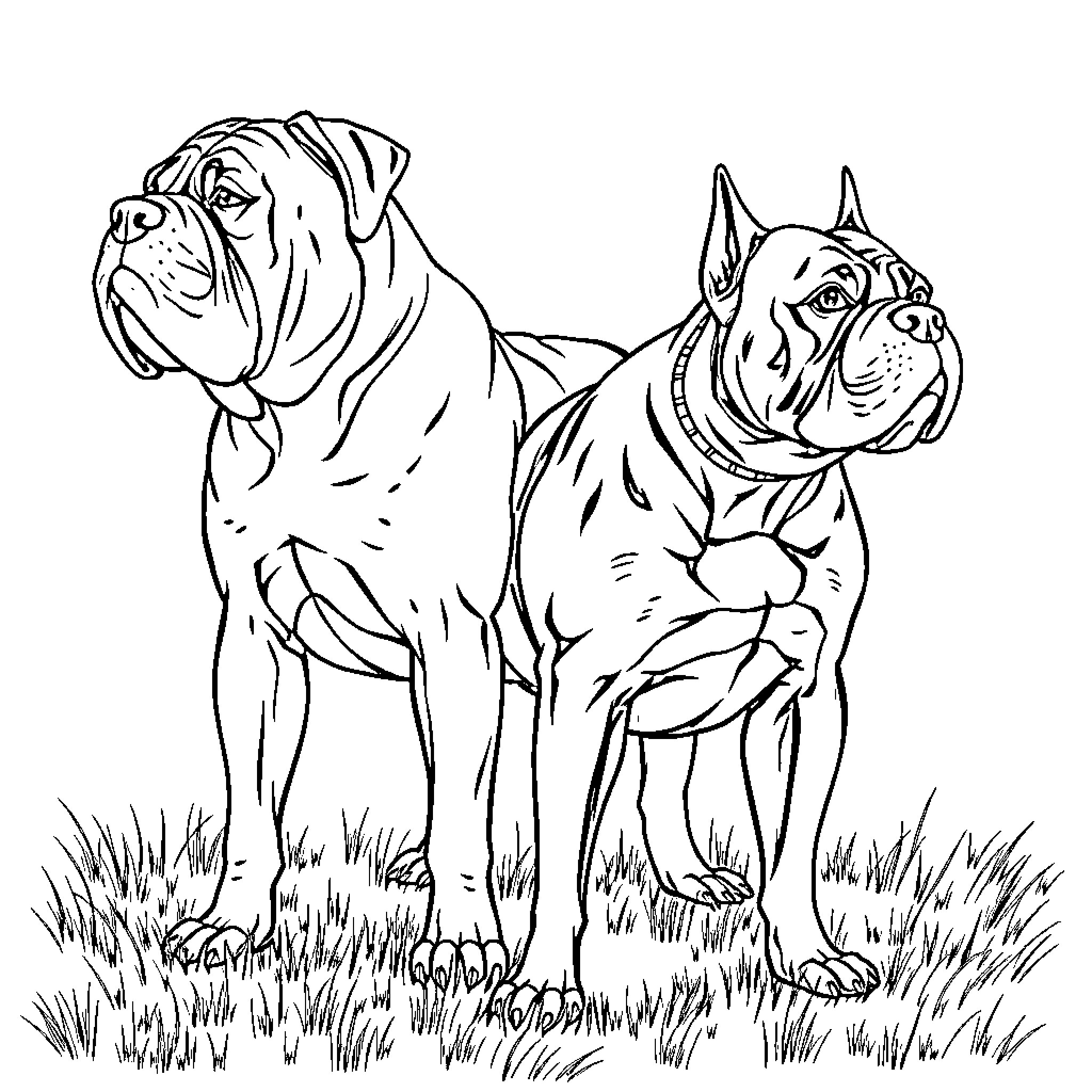 Dogs playing together in the field Coloring Page (free black-and-white line drawing printable PDF for all, from beginners to advanced learners, including children, teens, adults, and seniors)