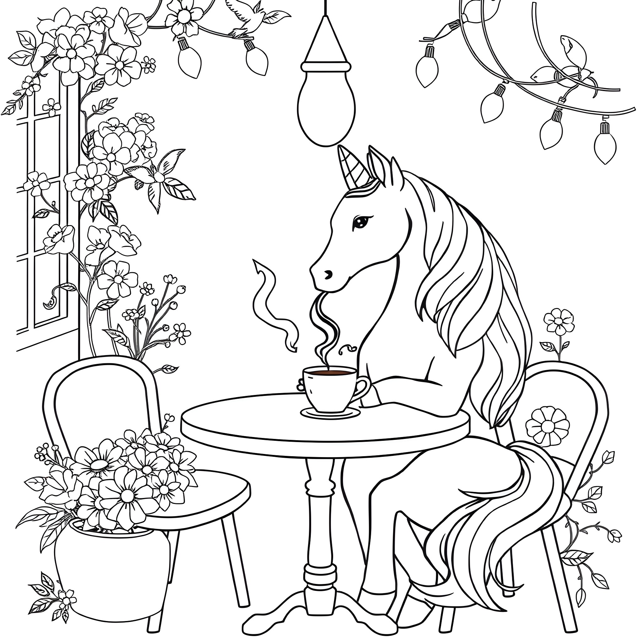 Unicorn enjoying a cup of tea in a floral garden Coloring Page (free black-and-white line drawing printable PDF for all, from beginners to advanced learners, including children, teens, adults, and seniors)