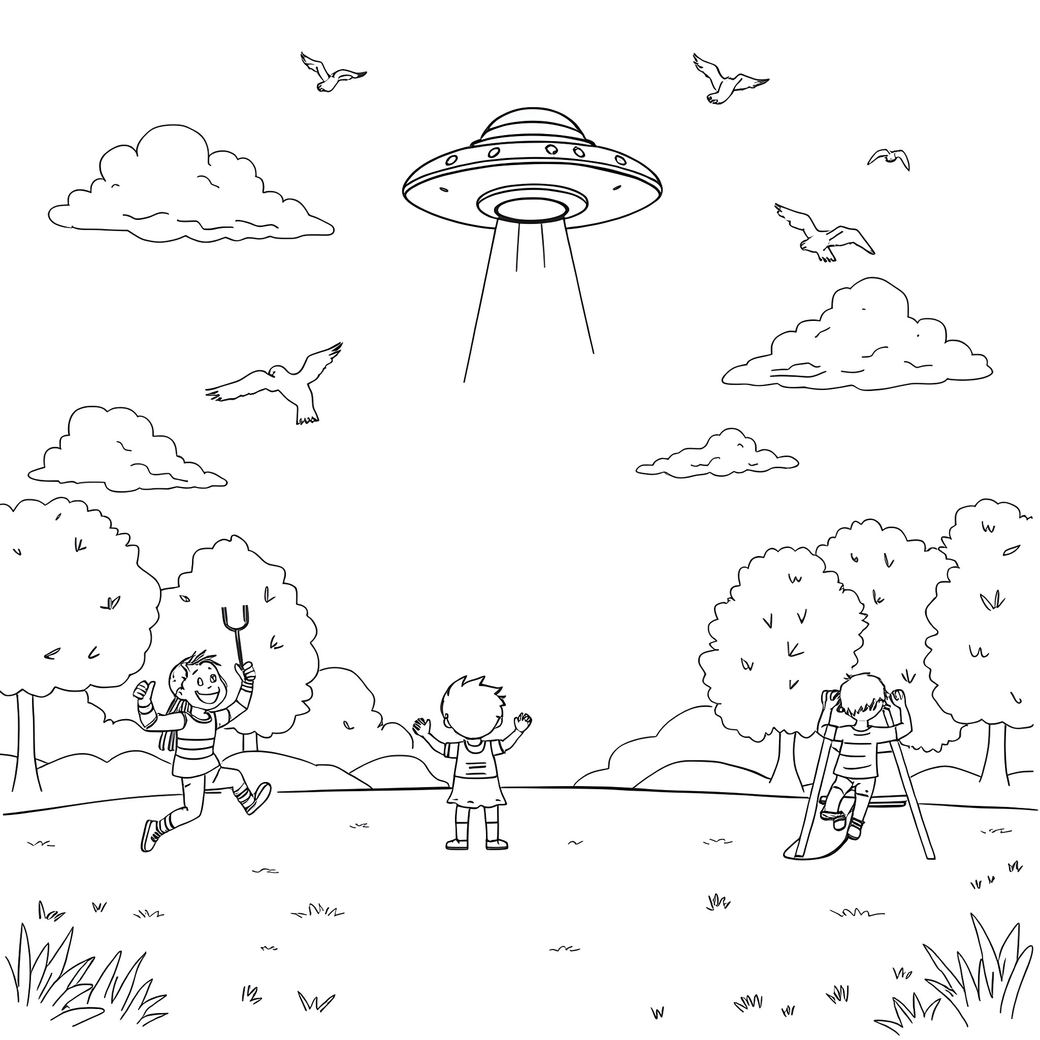 Children playing in the park with UFO overhead Coloring Page (free black-and-white line drawing printable PDF for all, from beginners to advanced learners, including children, teens, adults, and seniors)