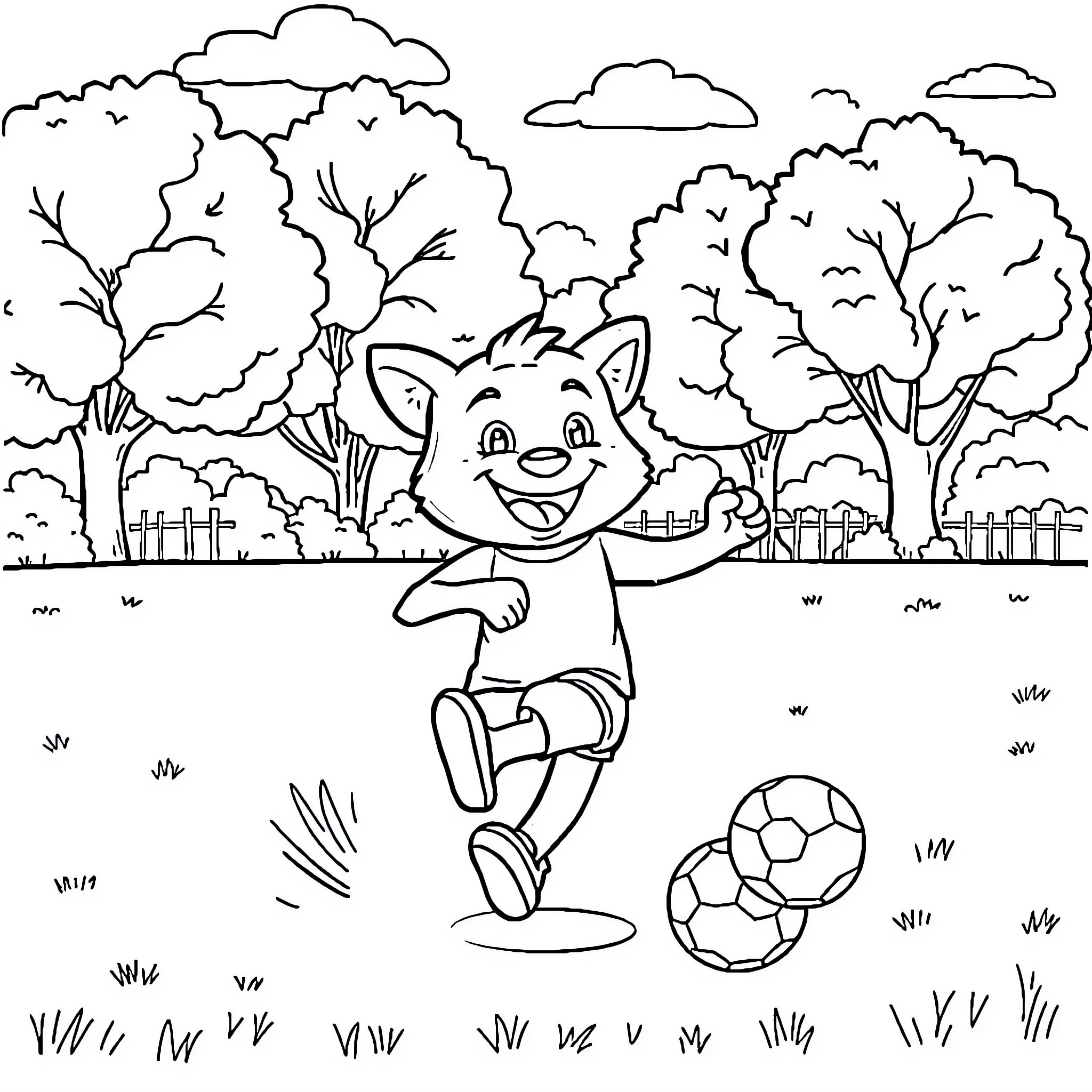 Bluey playing with a soccer ball in the park Coloring Page (free black-and-white line drawing printable PDF for all, from beginners to advanced learners, including children, teens, adults, and seniors)