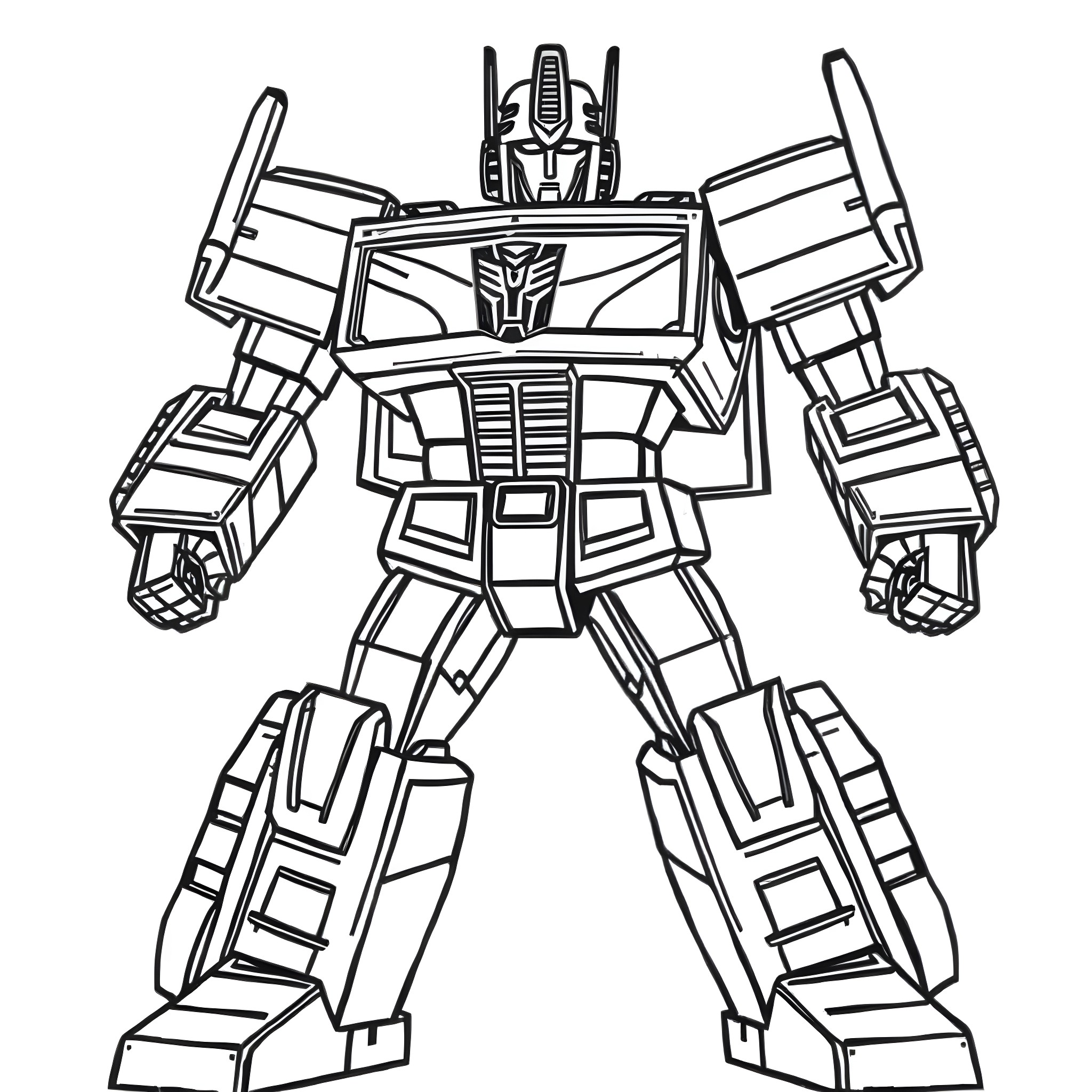 Optimus Prime robot character in heroic pose Coloring Page (free black-and-white line drawing printable PDF for all, from beginners to advanced learners, including children, teens, adults, and seniors)