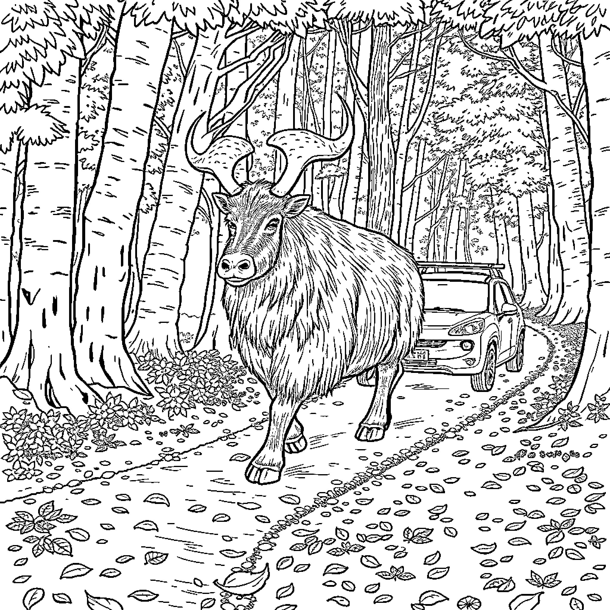 Bear in a Whimsical Forest Landscape Coloring Page (free black-and-white line drawing printable PDF for all, from beginners to advanced learners, including children, teens, adults, and seniors)