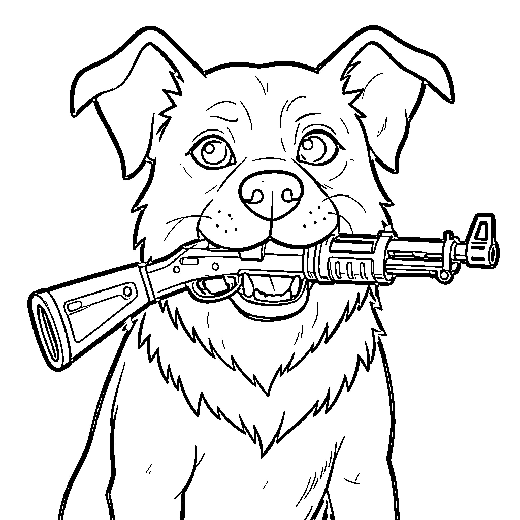 Dog playing with toy gun happily Coloring Page (free black-and-white line drawing printable PDF for all, from beginners to advanced learners, including children, teens, adults, and seniors)