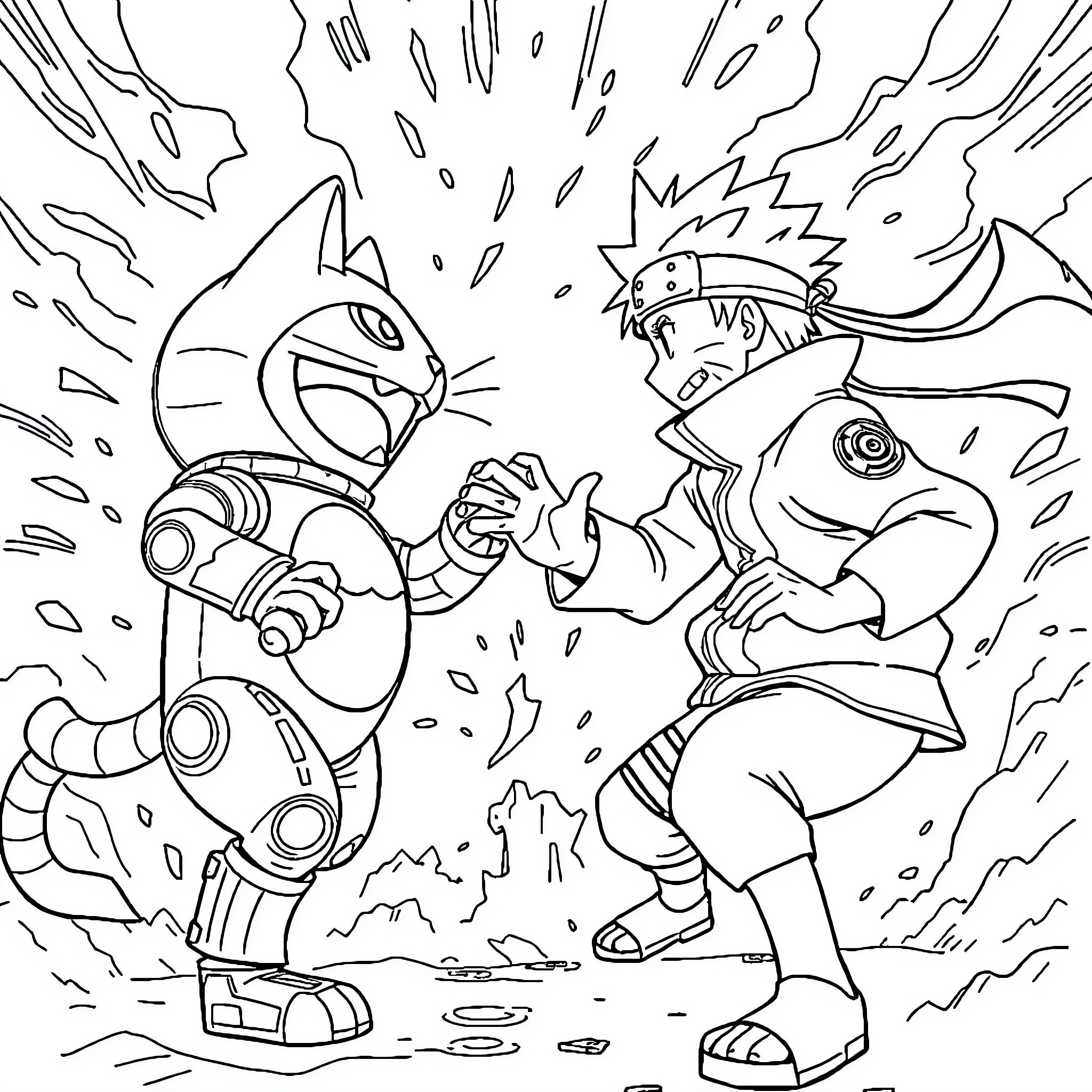 Naruto characters in fierce battle scene Coloring Page (free black-and-white line drawing printable PDF for all, from beginners to advanced learners, including children, teens, adults, and seniors)