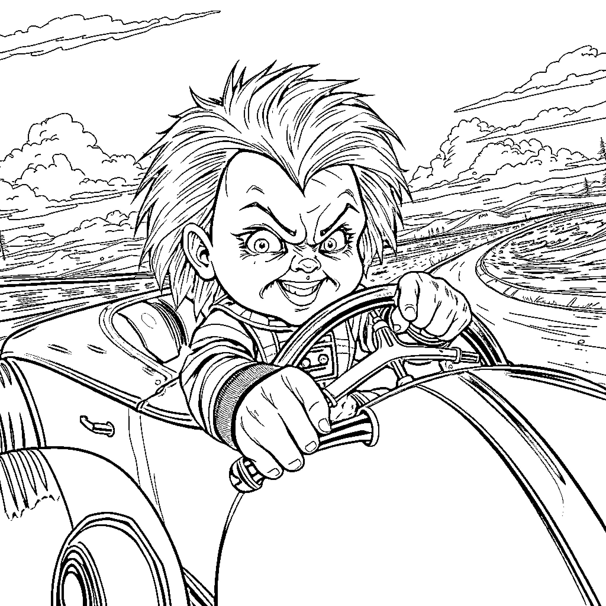 Chucky drives a car with a menacing expression Coloring Page (free black-and-white line drawing printable PDF for all, from beginners to advanced learners, including children, teens, adults, and seniors)