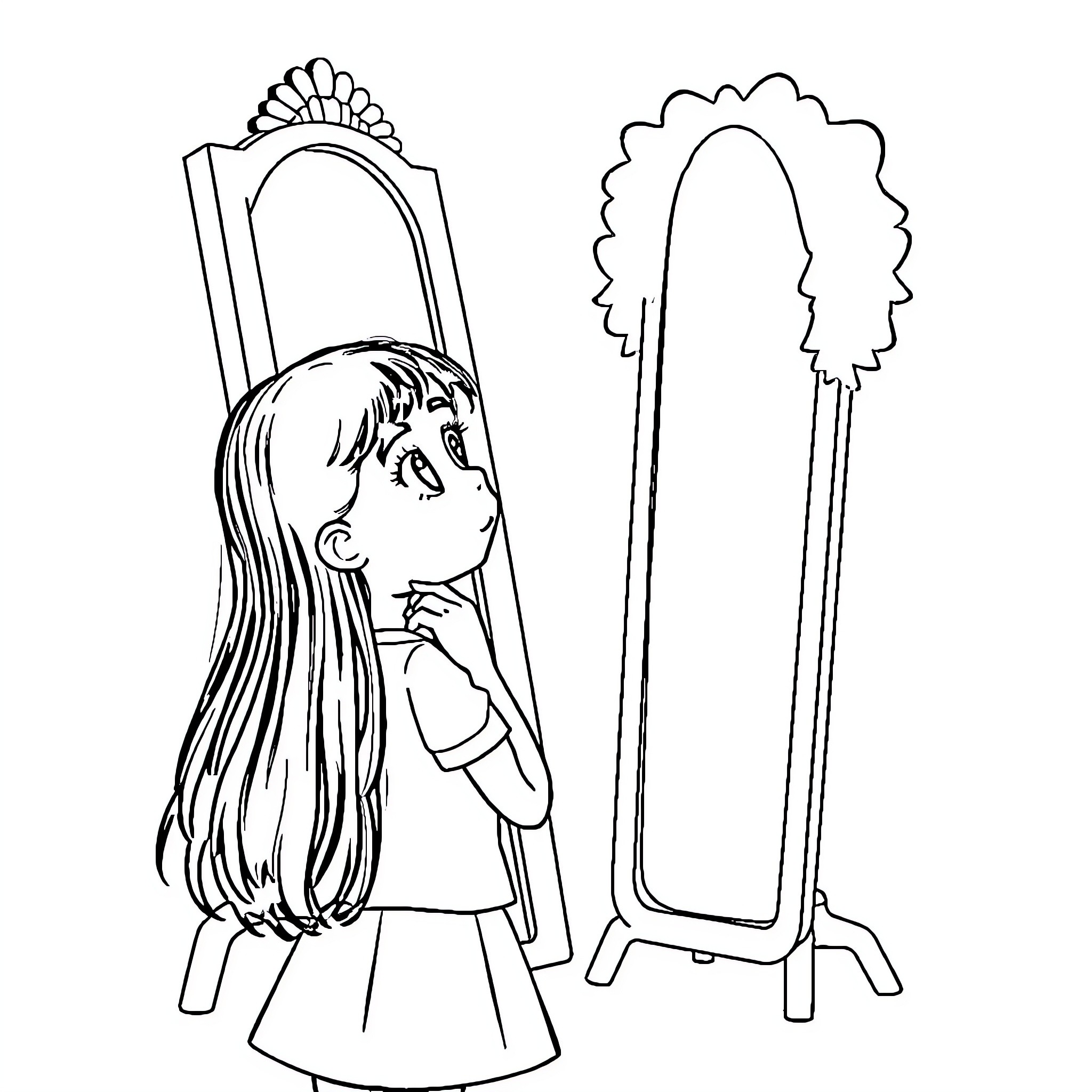 Girl admiring herself in the mirror Coloring Page (free black-and-white line drawing printable PDF for all, from beginners to advanced learners, including children, teens, adults, and seniors)