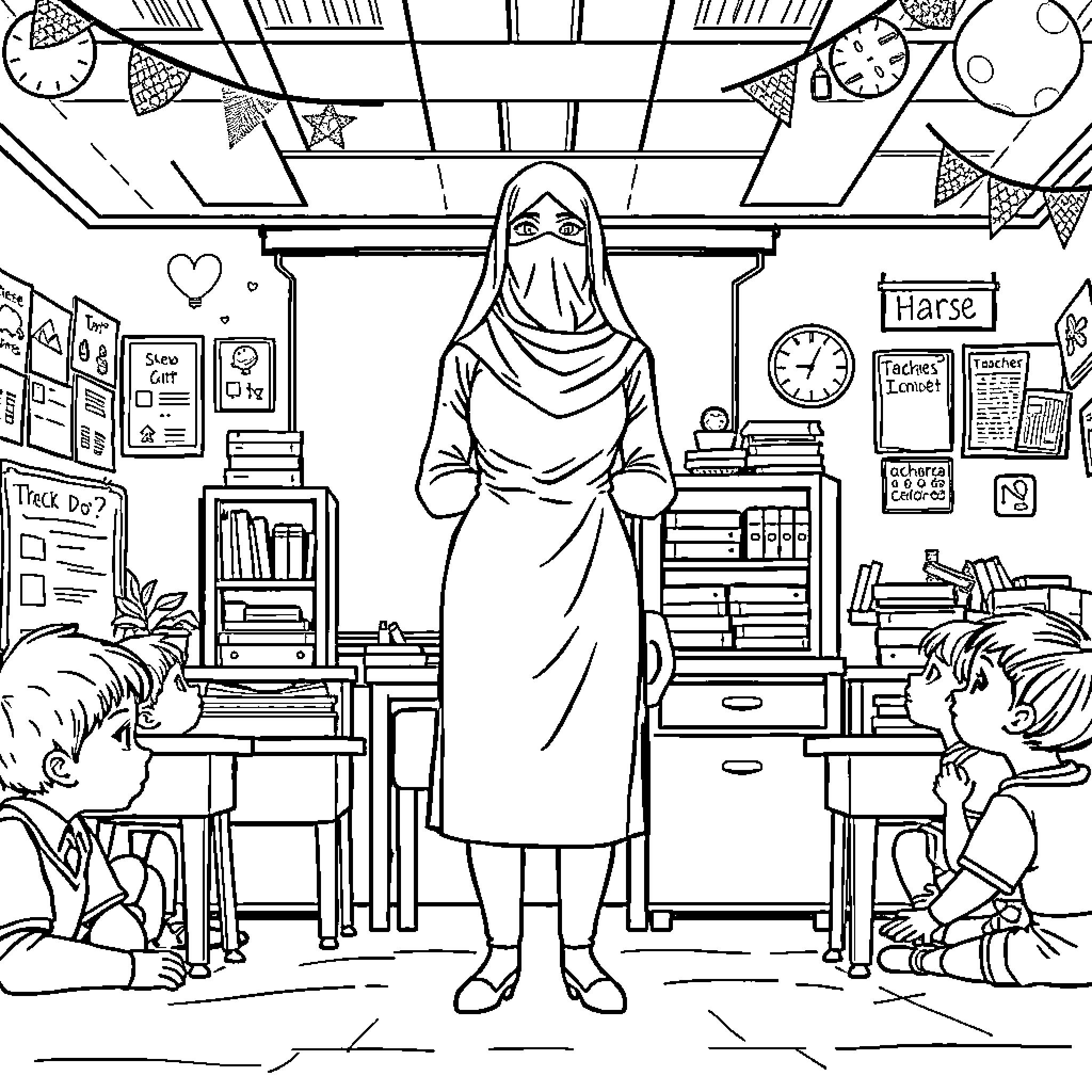 Teacher in classroom with students Coloring Page (free black-and-white line drawing printable PDF for all, from beginners to advanced learners, including children, teens, adults, and seniors)