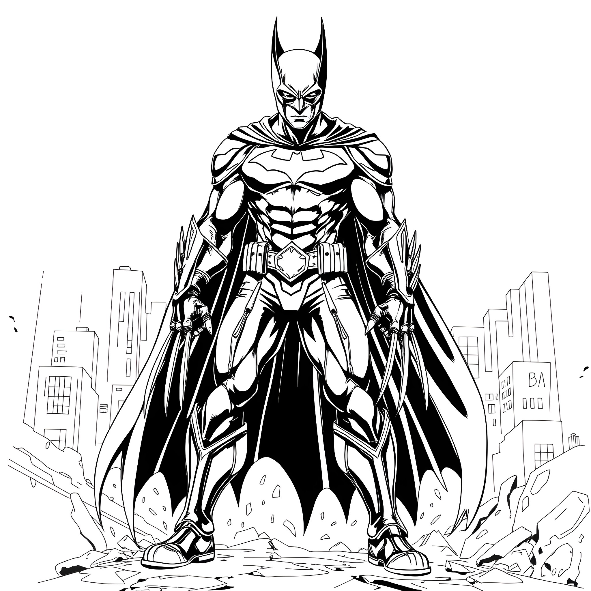 Batman Wolverine in epic battle amid the city Coloring Page (free black-and-white line drawing printable PDF for all, from beginners to advanced learners, including children, teens, adults, and seniors)