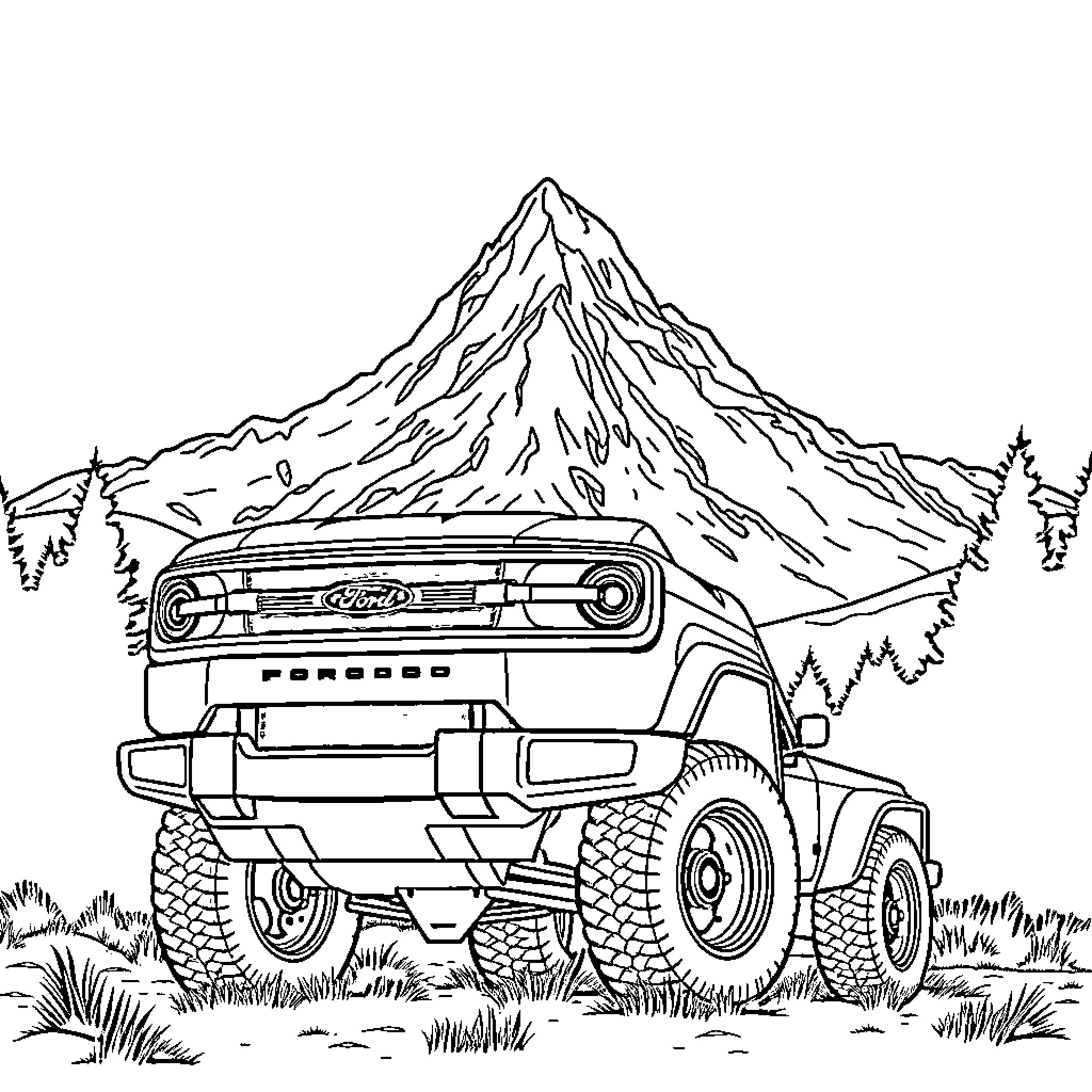 Ford Bronco off-roading through rugged terrain Coloring Page (free black-and-white line drawing printable PDF for all, from beginners to advanced learners, including children, teens, adults, and seniors)