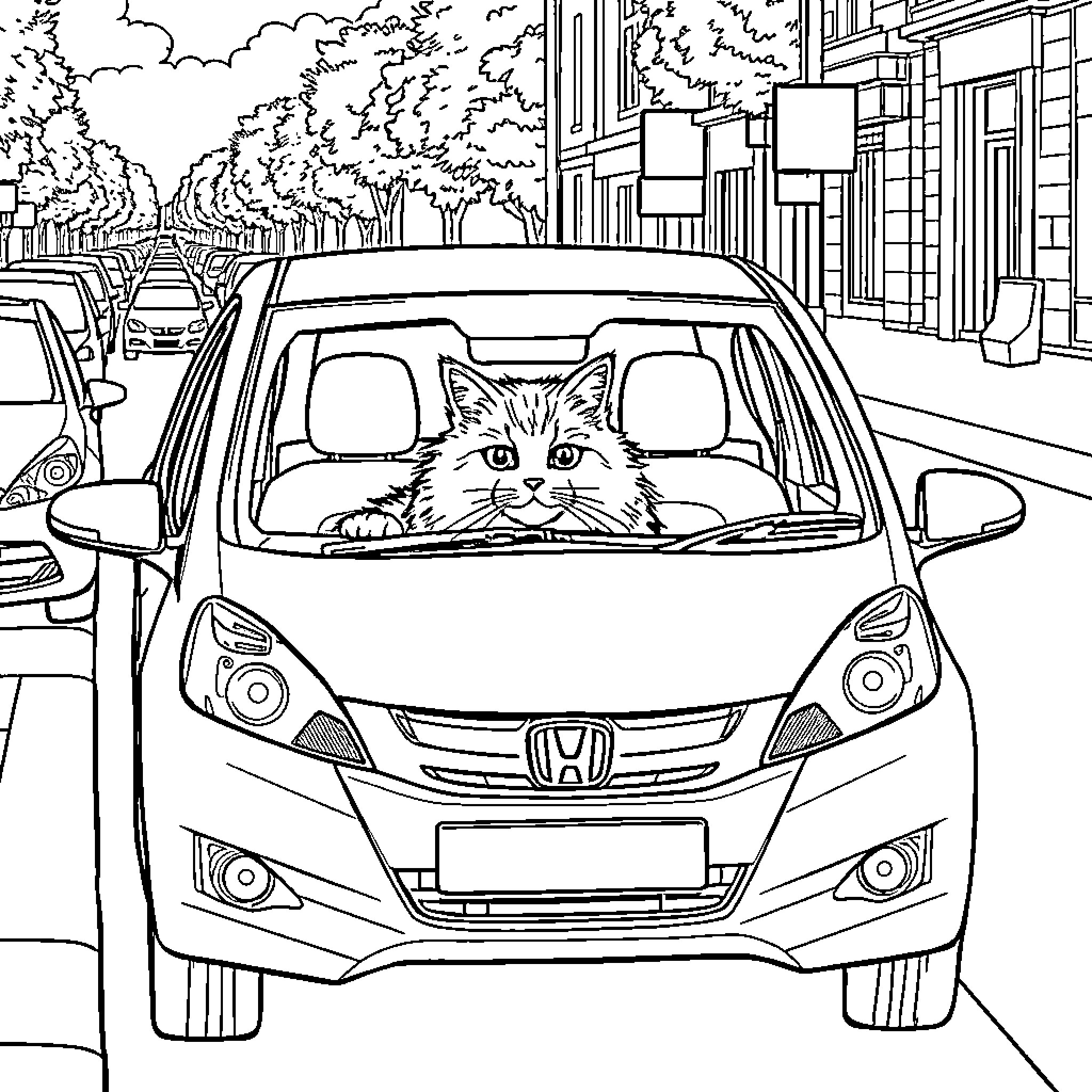 Cat Peeking Out from the Car Window Coloring Page (free black-and-white line drawing printable PDF for all, from beginners to advanced learners, including children, teens, adults, and seniors)