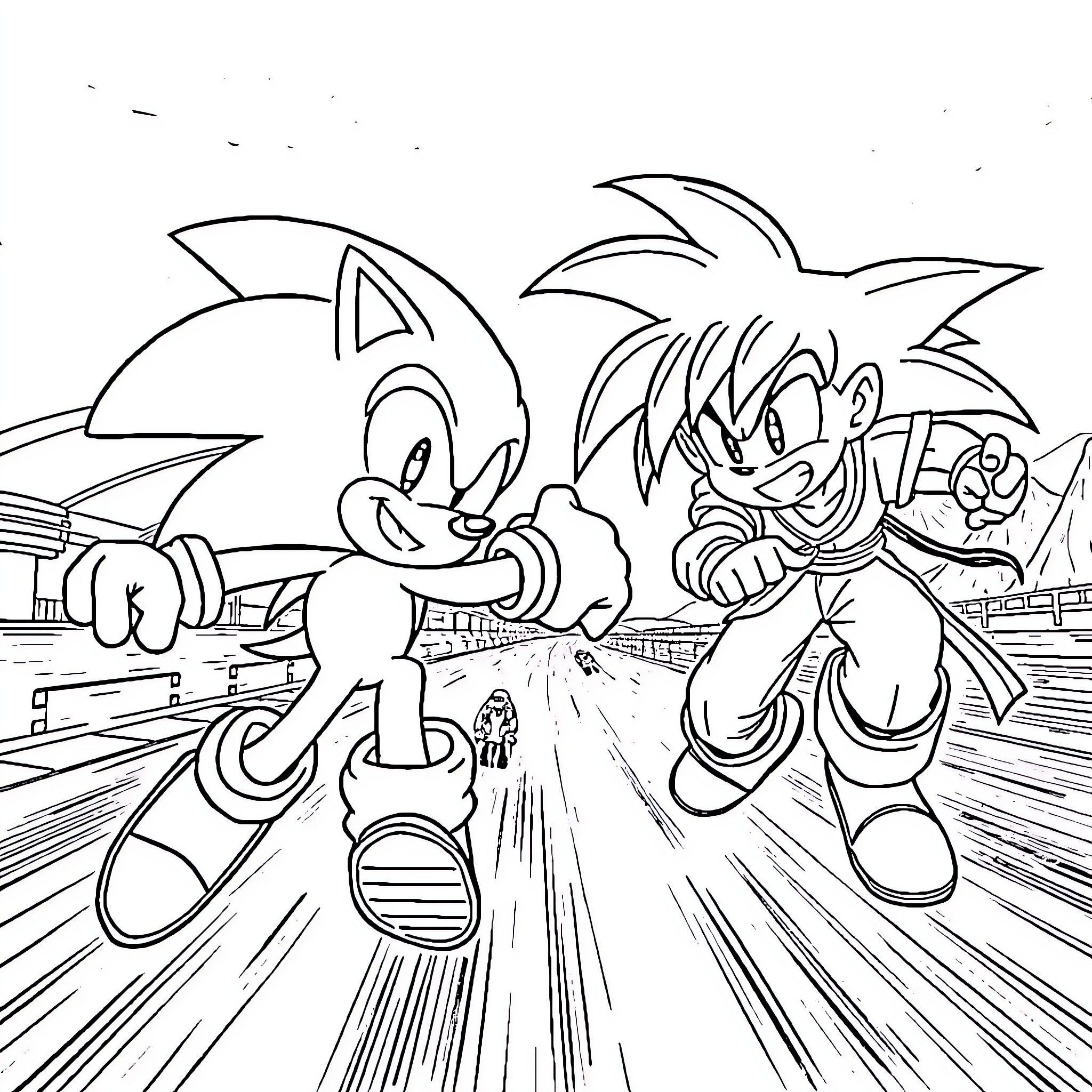 Sonic characters racing together in action Coloring Page (free black-and-white line drawing printable PDF for all, from beginners to advanced learners, including children, teens, adults, and seniors)