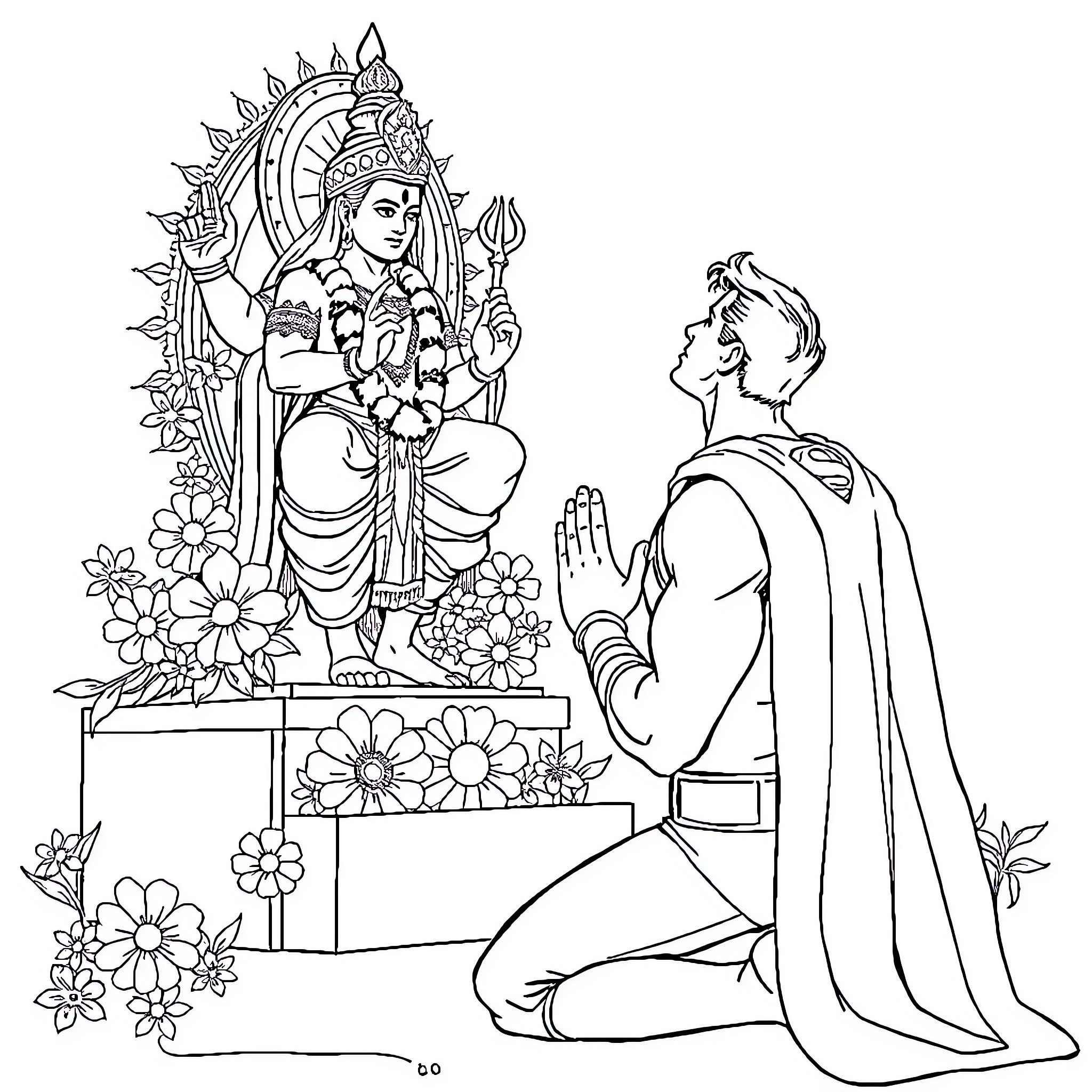 Superman Worshipping the Deity in Ceremonial Garb Coloring Page (free black-and-white line drawing printable PDF for all, from beginners to advanced learners, including children, teens, adults, and seniors)