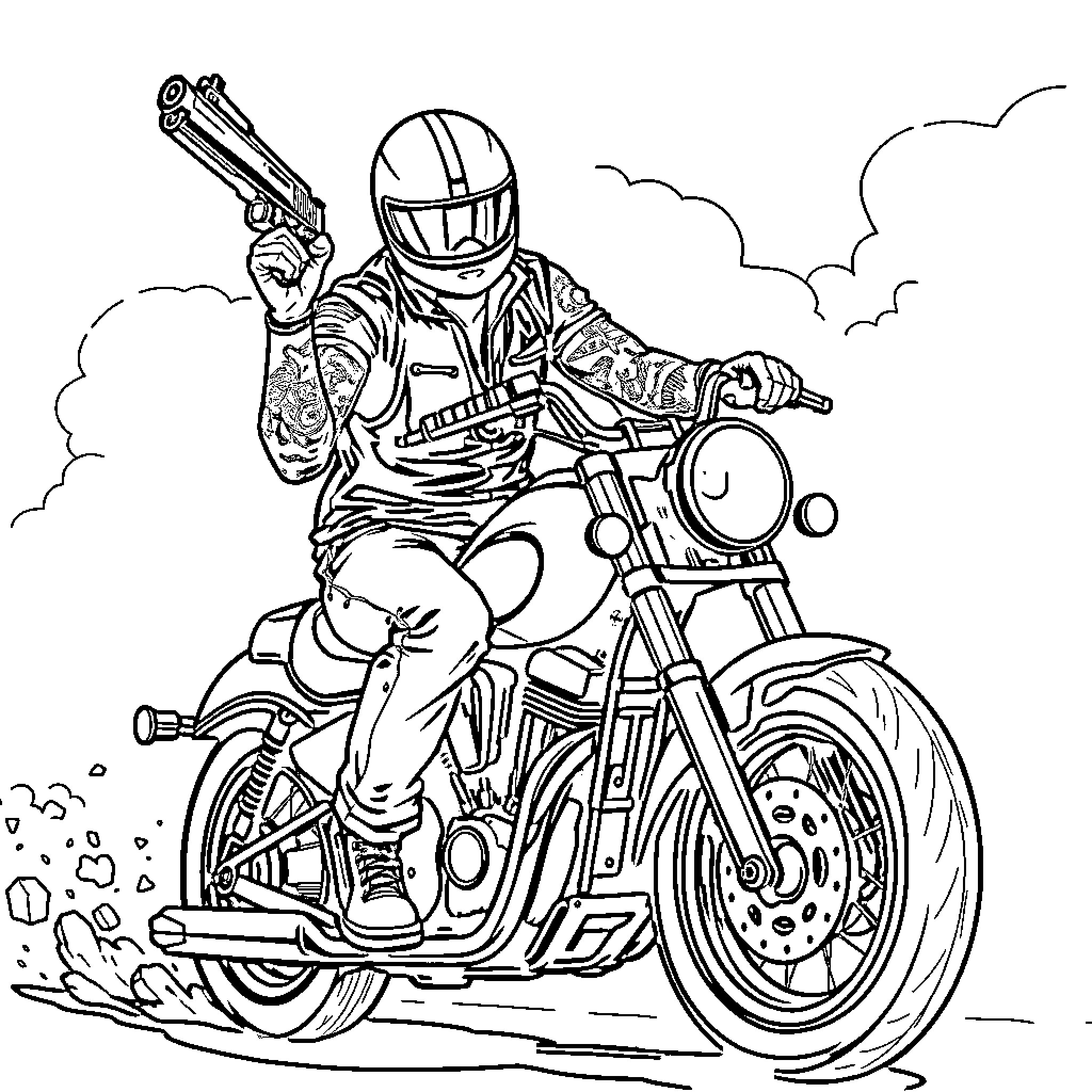 Motorcycle Rider in Action on the Road Coloring Page (free black-and-white line drawing printable PDF for all, from beginners to advanced learners, including children, teens, adults, and seniors)