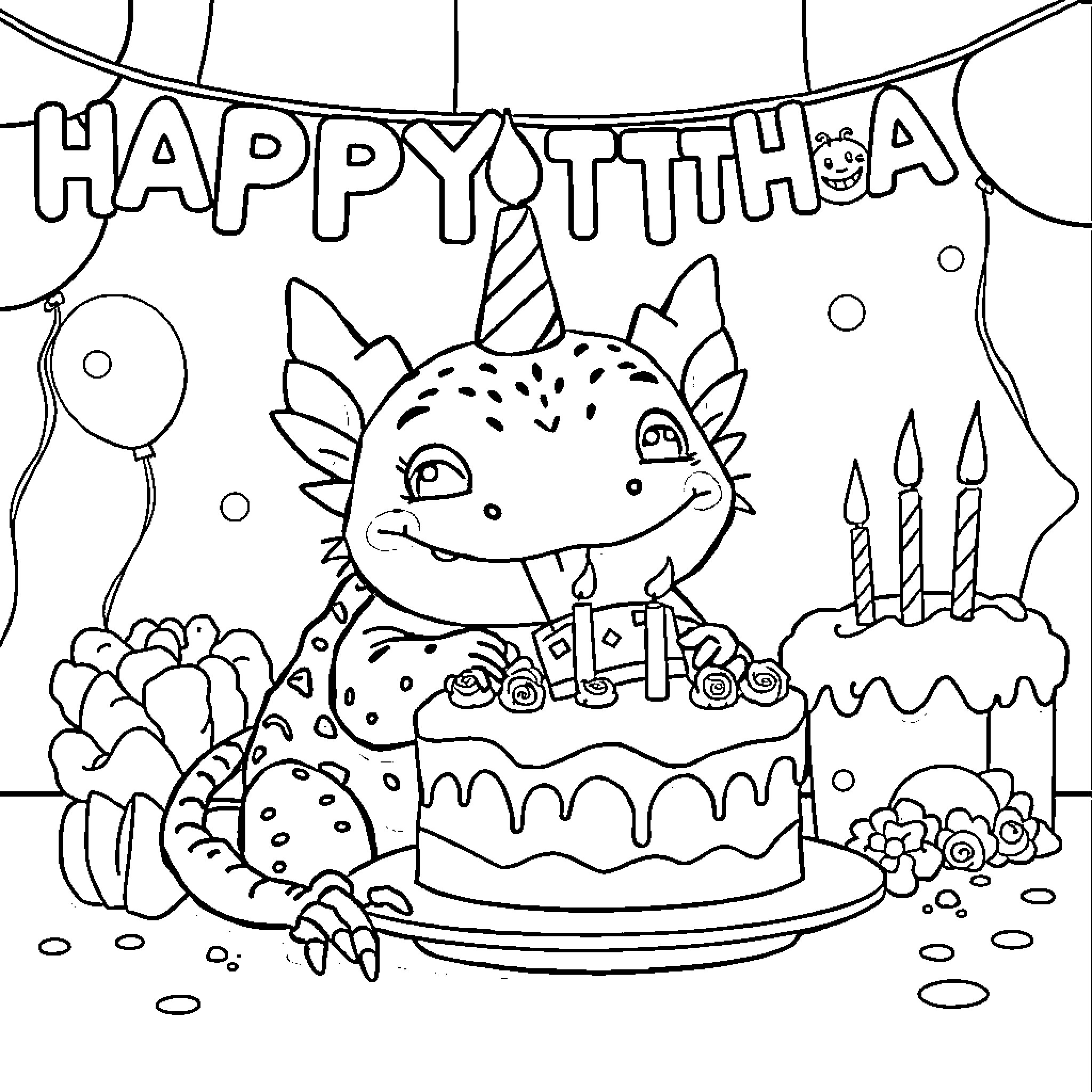 Axolotl celebrating birthday with cake and balloons Coloring Page (free black-and-white line drawing printable PDF for all, from beginners to advanced learners, including children, teens, adults, and seniors)