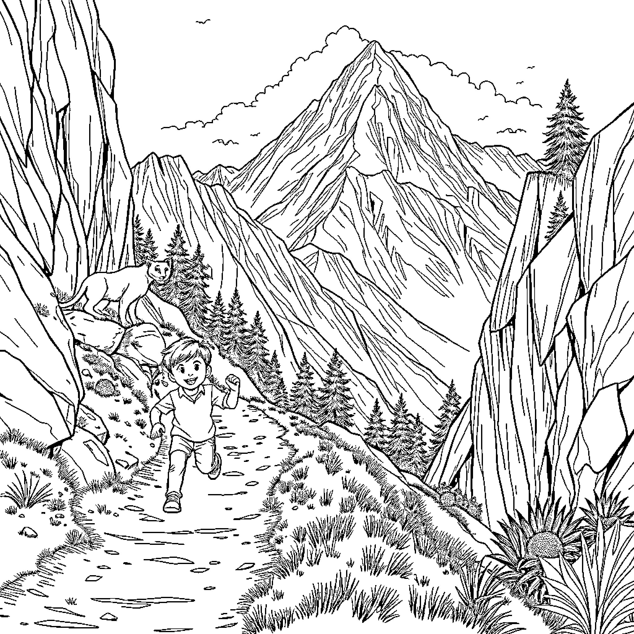 Boy exploring the rugged mountain trail Coloring Page (free black-and-white line drawing printable PDF for all, from beginners to advanced learners, including children, teens, adults, and seniors)