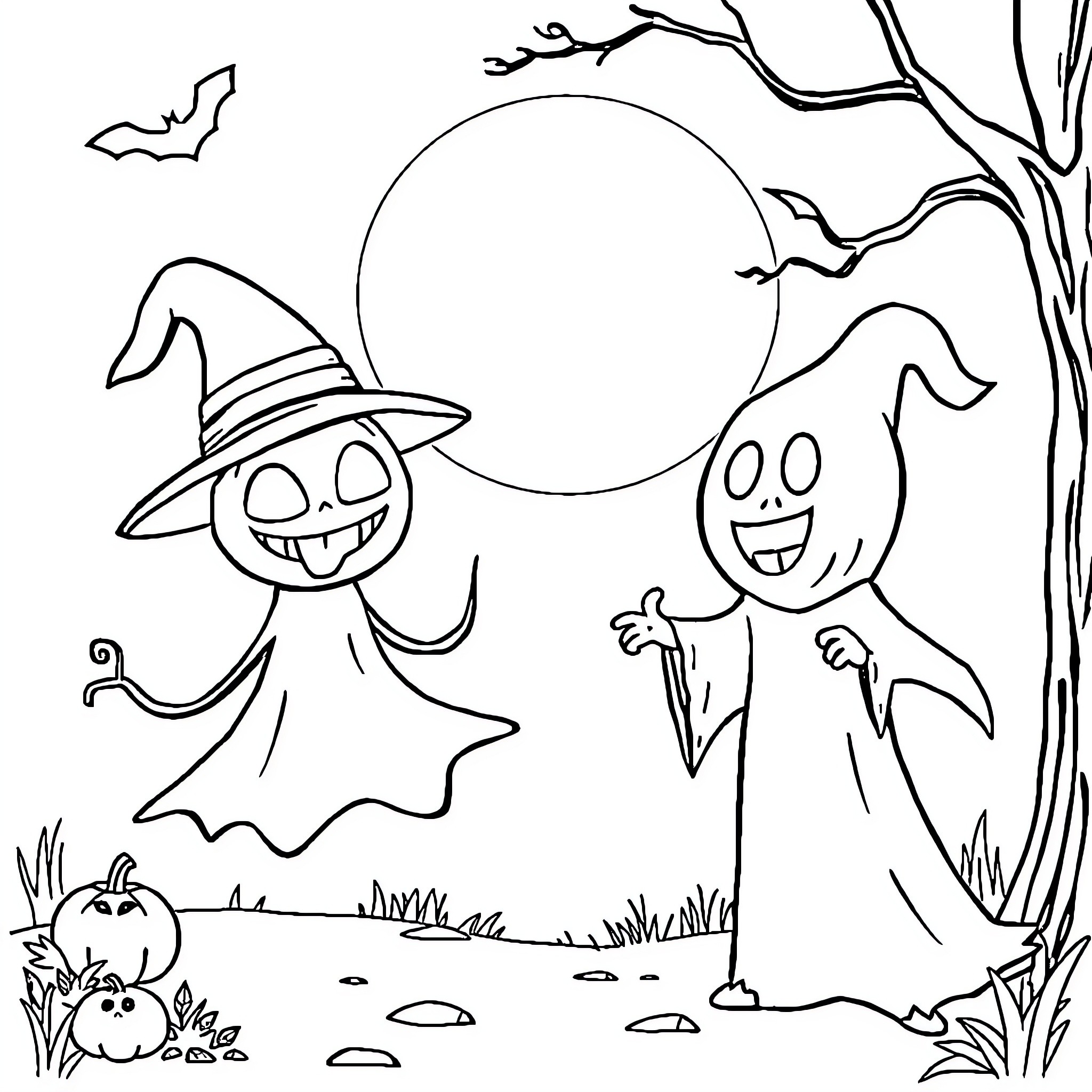 Halloween ghost friends in the moonlit forest Coloring Page (free black-and-white line drawing printable PDF for all, from beginners to advanced learners, including children, teens, adults, and seniors)