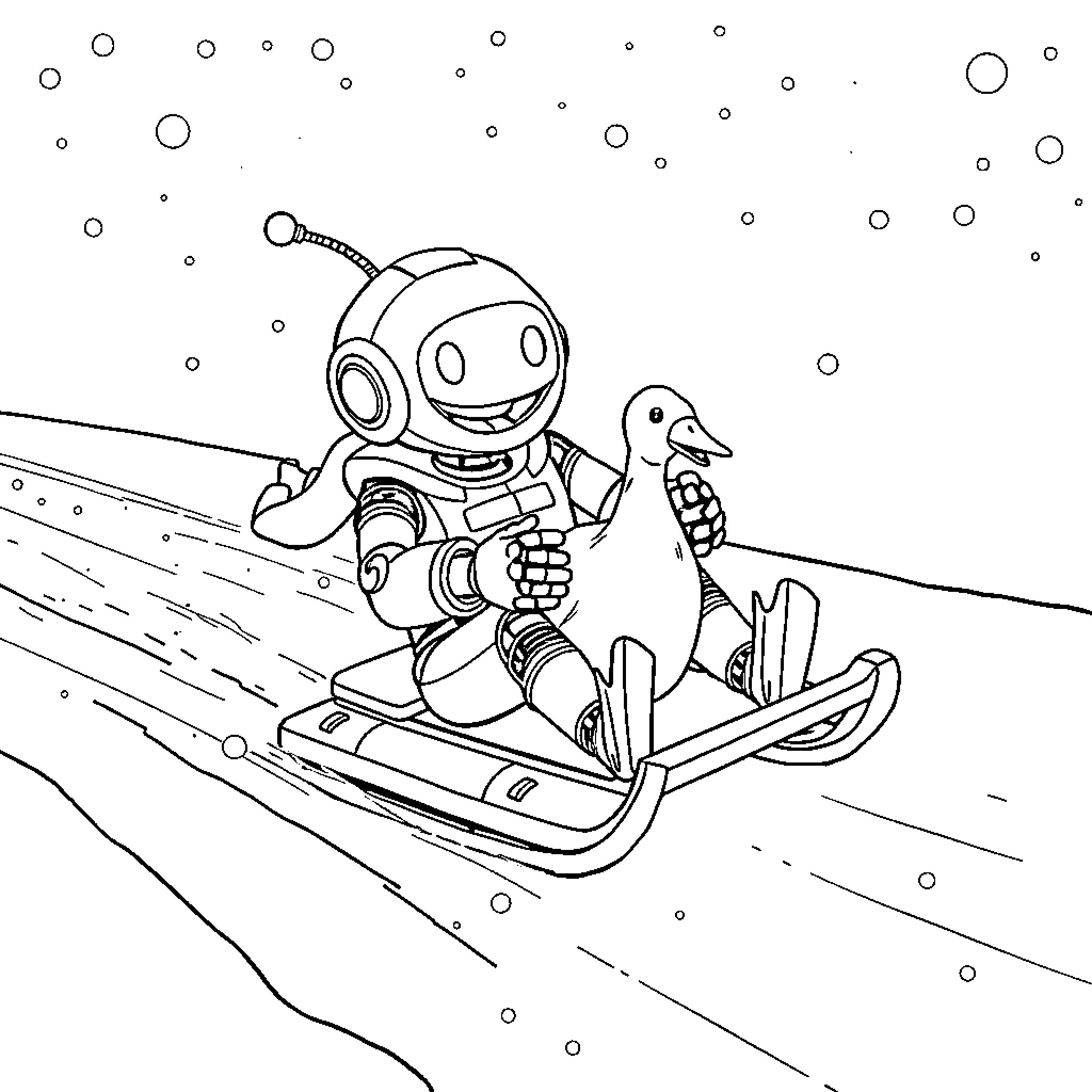 Robot sled riding with a penguin companion Coloring Page (free black-and-white line drawing printable PDF for all, from beginners to advanced learners, including children, teens, adults, and seniors)