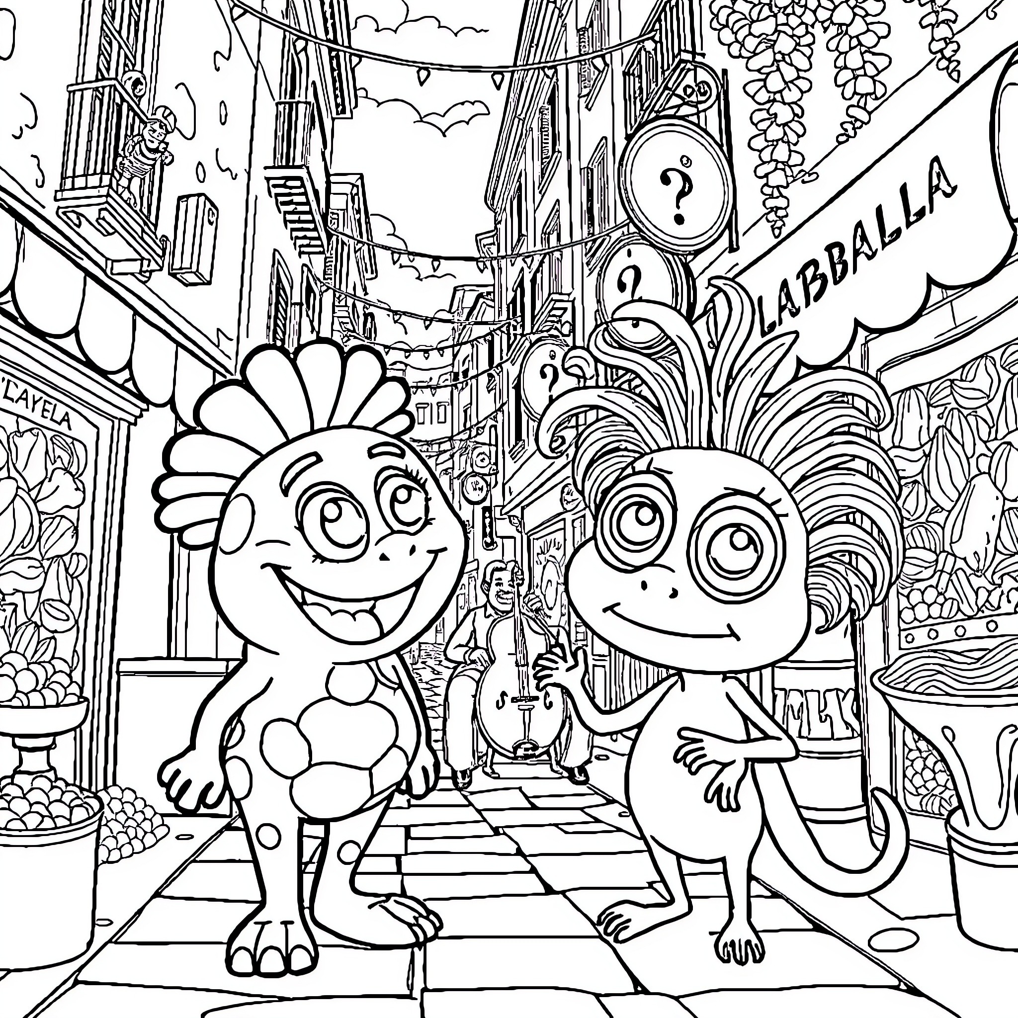 Labubu and Friends Explore the Vibrant City Coloring Page (free black-and-white line drawing printable PDF for all, from beginners to advanced learners, including children, teens, adults, and seniors)