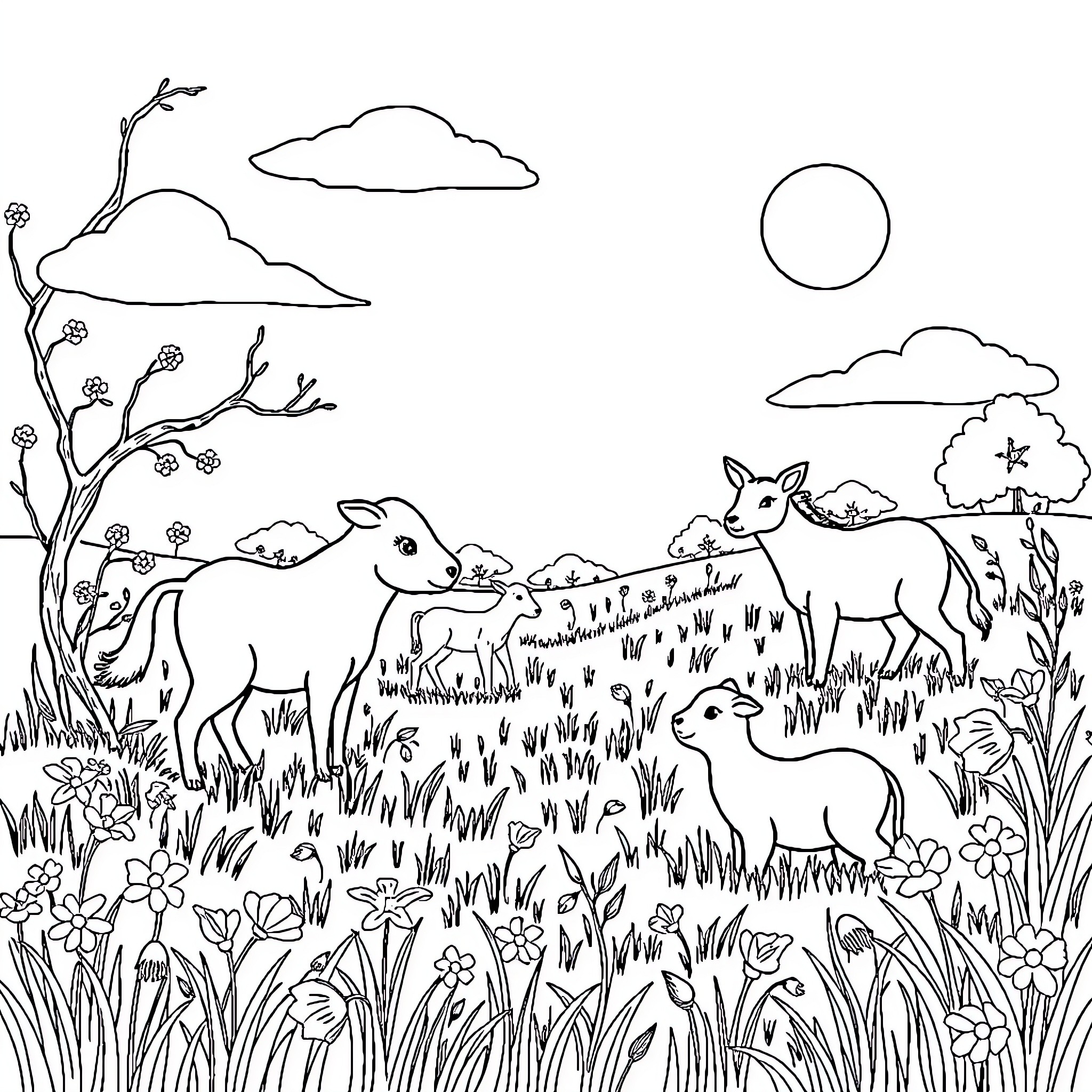 Animal Deer Grazing in Peaceful Nature Landscape Coloring Page (free black-and-white line drawing printable PDF for all, from beginners to advanced learners, including children, teens, adults, and seniors)