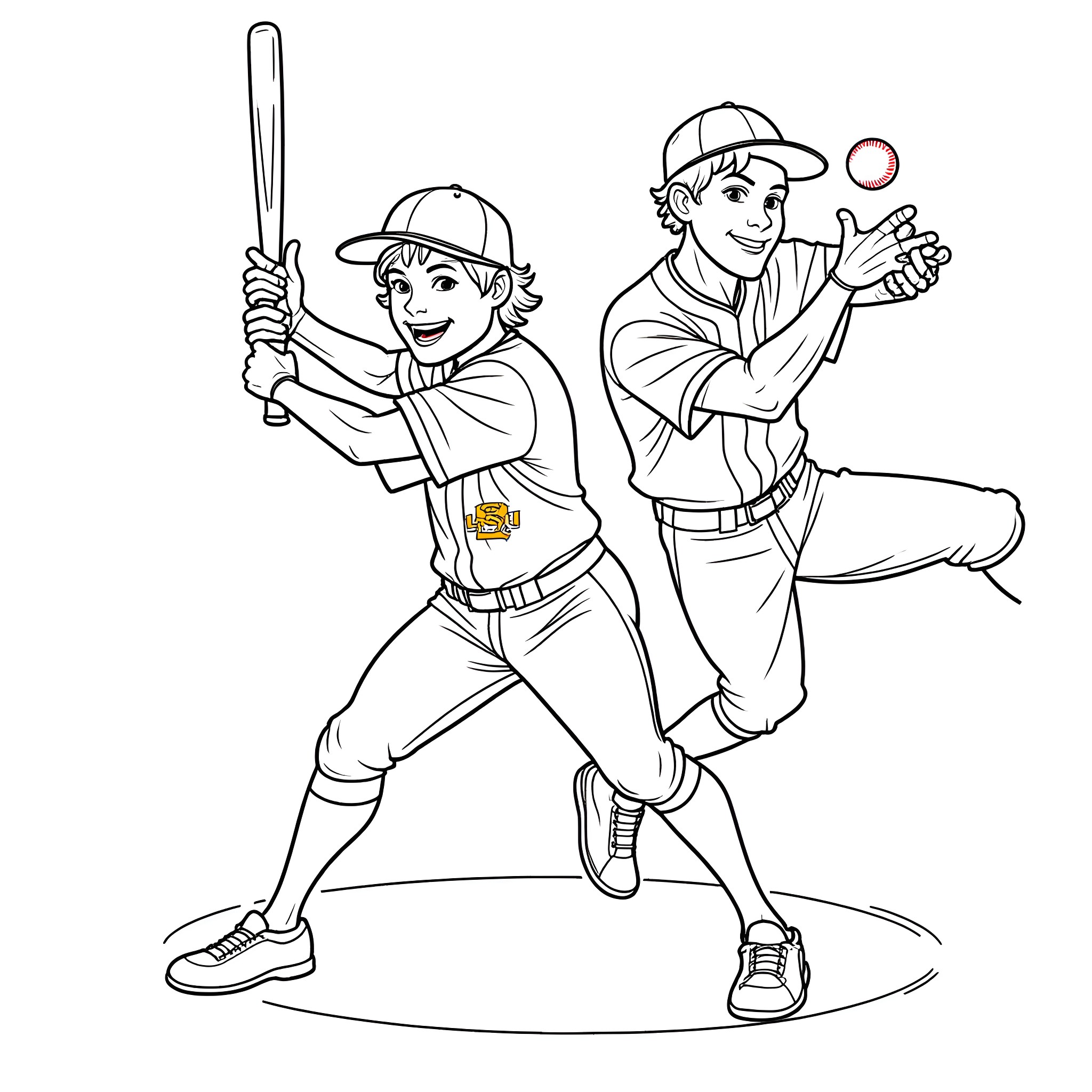 Spider Boys Playing Baseball with Joy Coloring Page (free black-and-white line drawing printable PDF for all, from beginners to advanced learners, including children, teens, adults, and seniors)