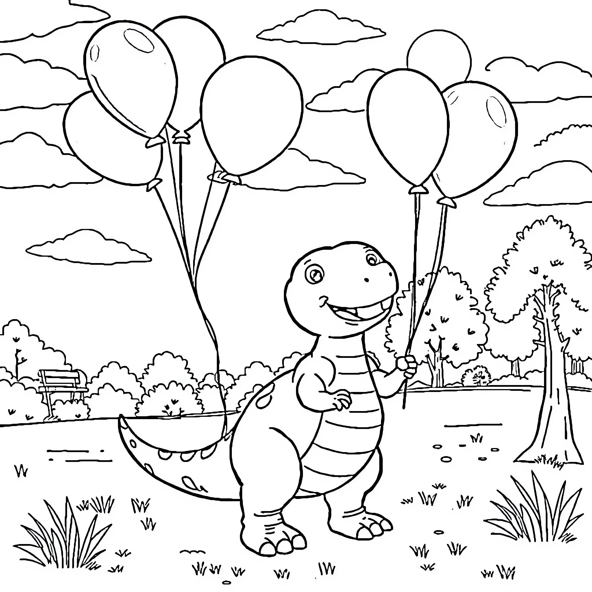 Dinosaur with balloons in a nature setting Coloring Page (free black-and-white line drawing printable PDF for all, from beginners to advanced learners, including children, teens, adults, and seniors)