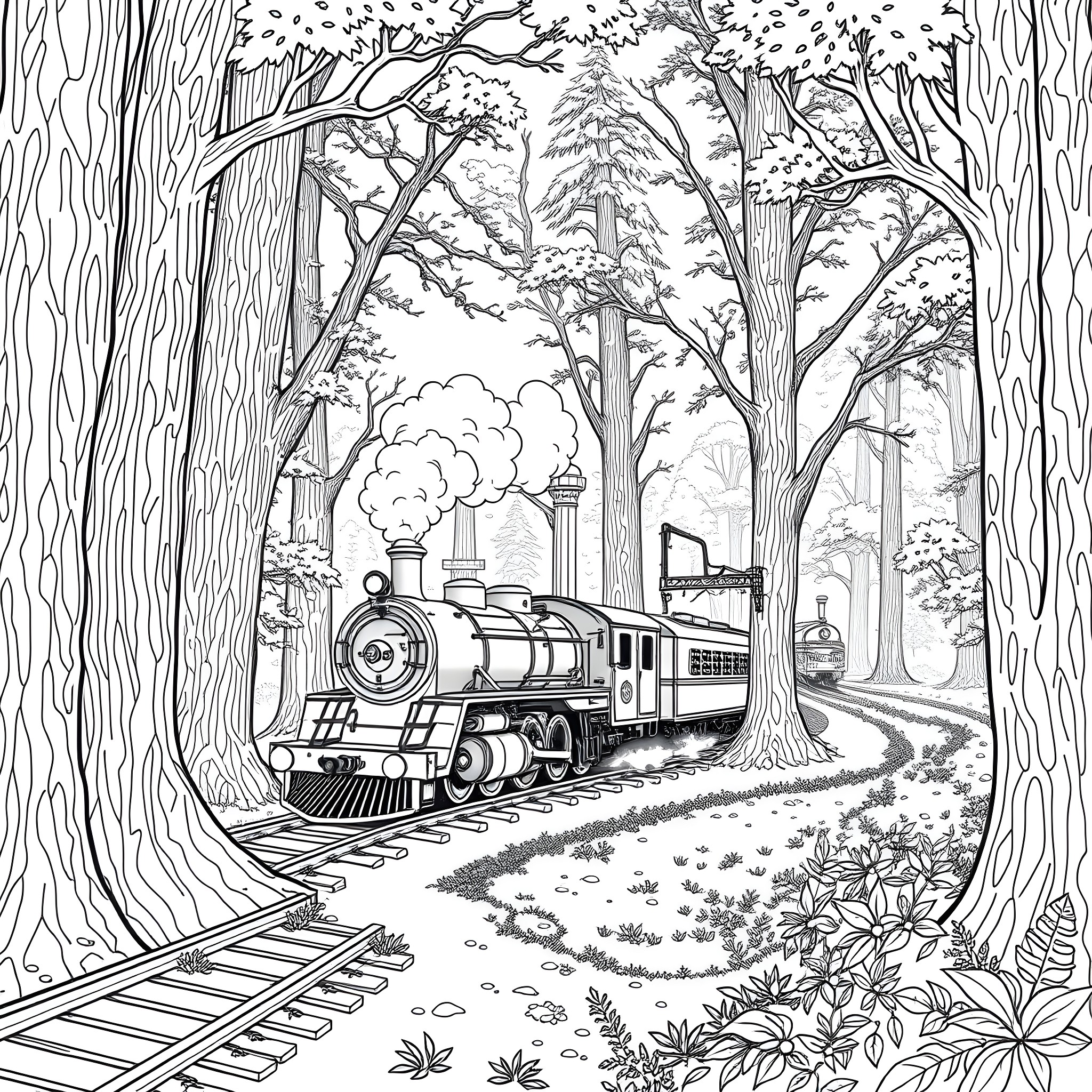 Train passing through enchanting forest landscape Coloring Page (free black-and-white line drawing printable PDF for all, from beginners to advanced learners, including children, teens, adults, and seniors)