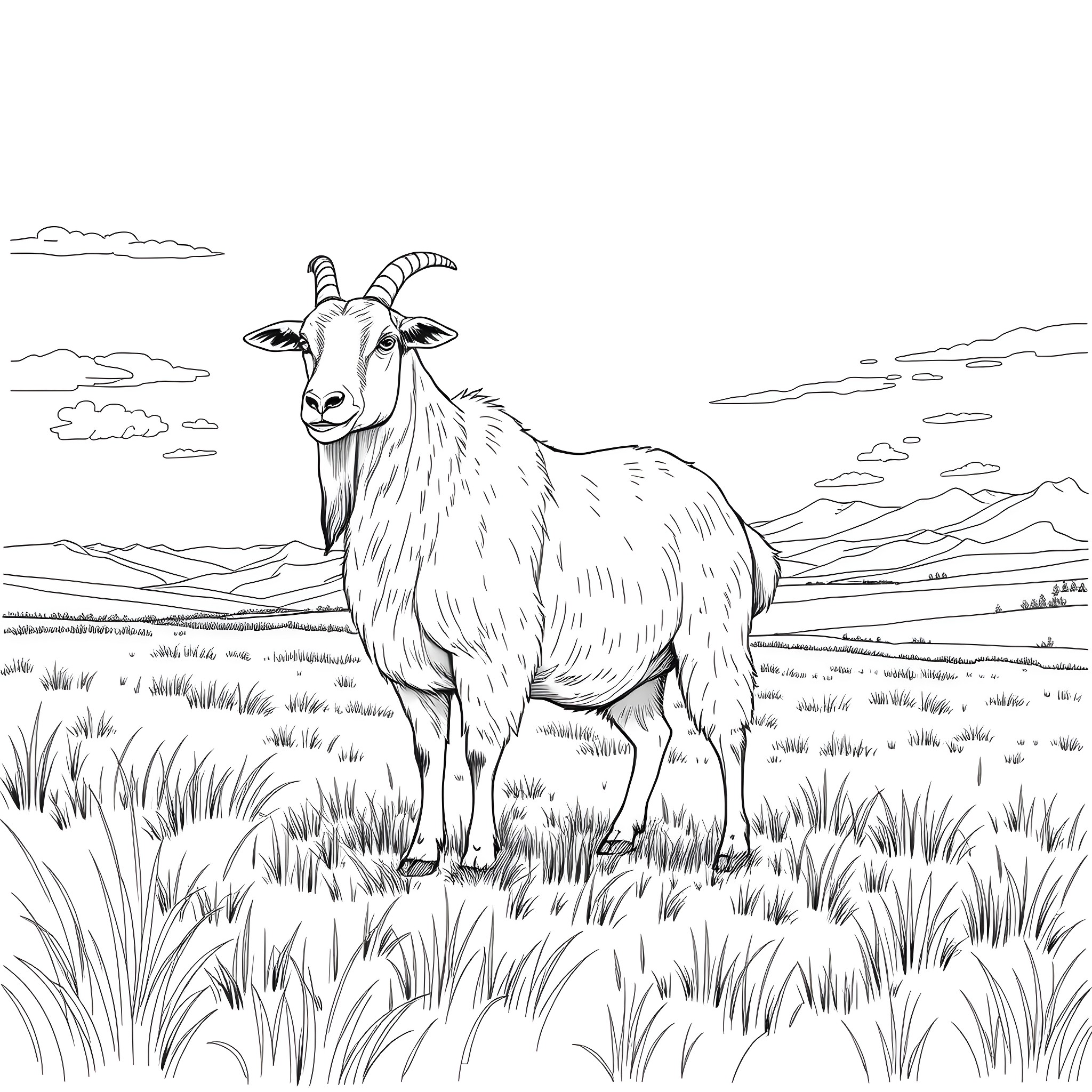 Goat standing in a grassy field Coloring Page (free black-and-white line drawing printable PDF for all, from beginners to advanced learners, including children, teens, adults, and seniors)