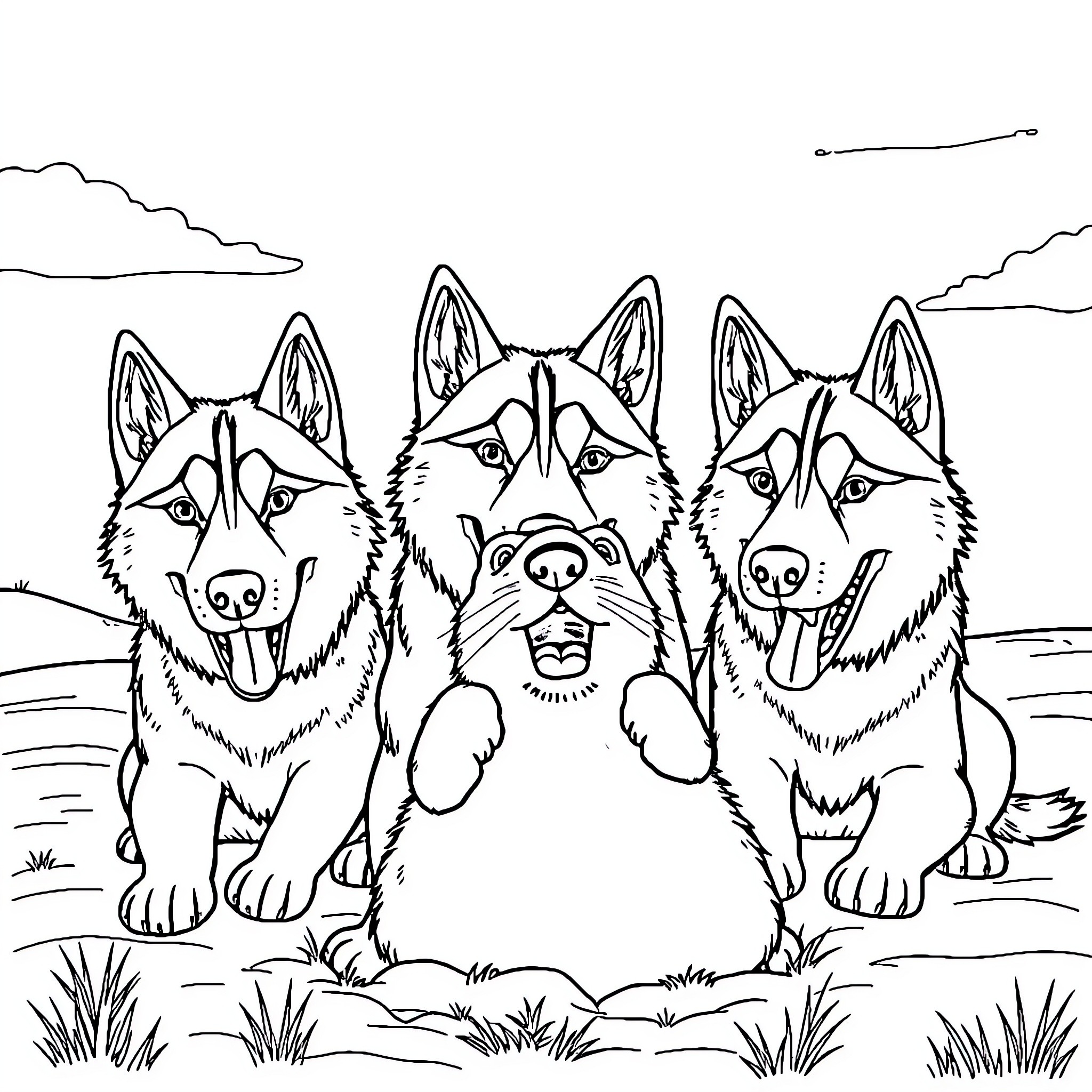 Husky dogs enjoying the outdoors together Coloring Page (free black-and-white line drawing printable PDF for all, from beginners to advanced learners, including children, teens, adults, and seniors)