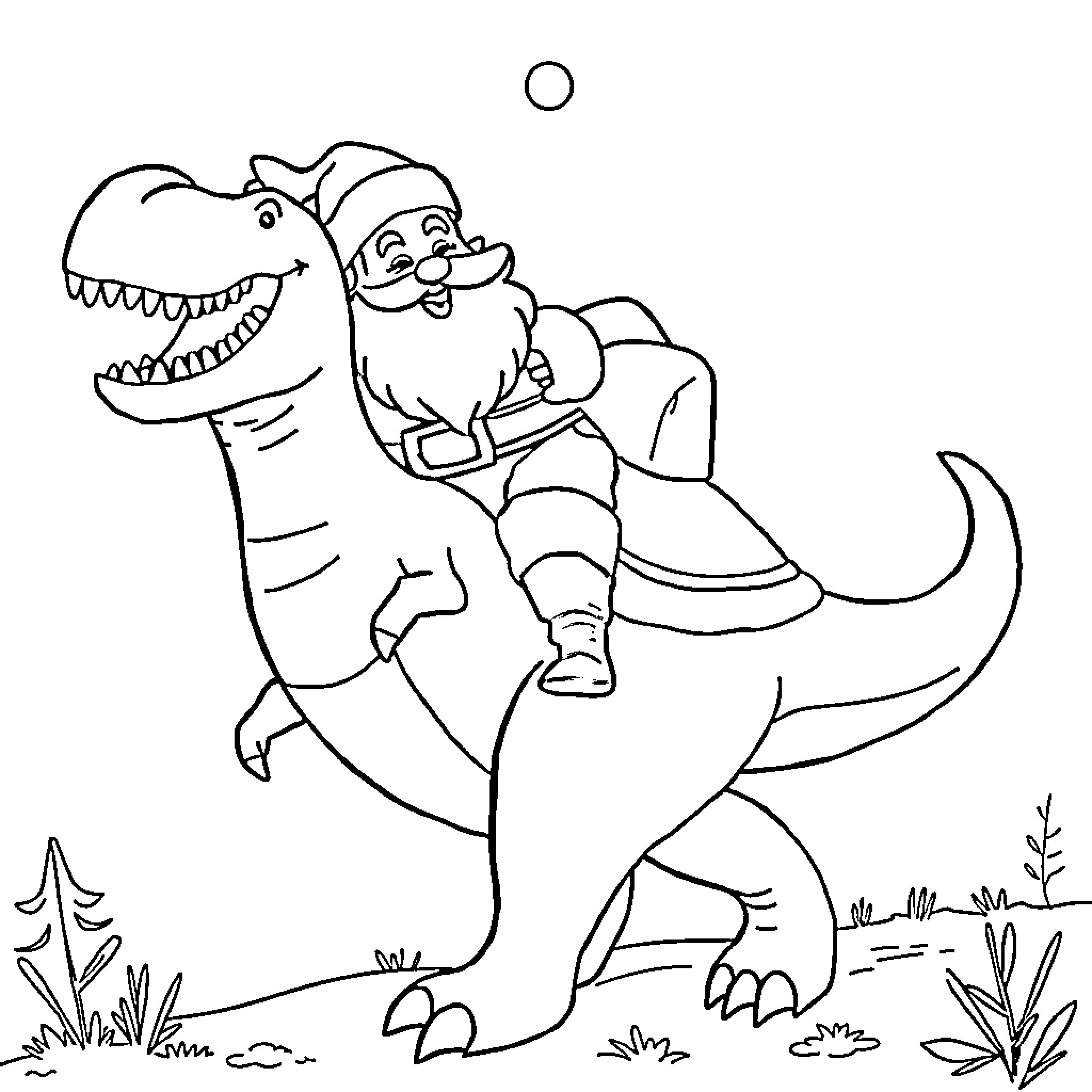 Santa riding a dinosaur in the forest Coloring Page (free black-and-white line drawing printable PDF for all, from beginners to advanced learners, including children, teens, adults, and seniors)