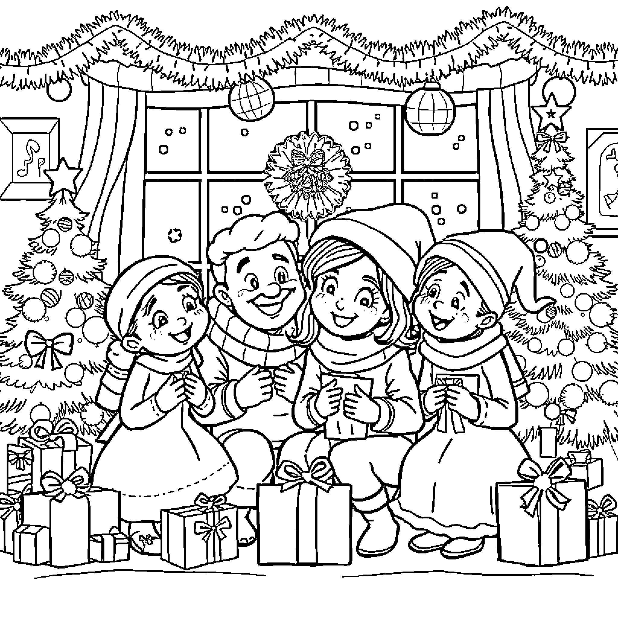 Bluey's Merry Christmas Celebration Coloring Page (free black-and-white line drawing printable PDF for all, from beginners to advanced learners, including children, teens, adults, and seniors)
