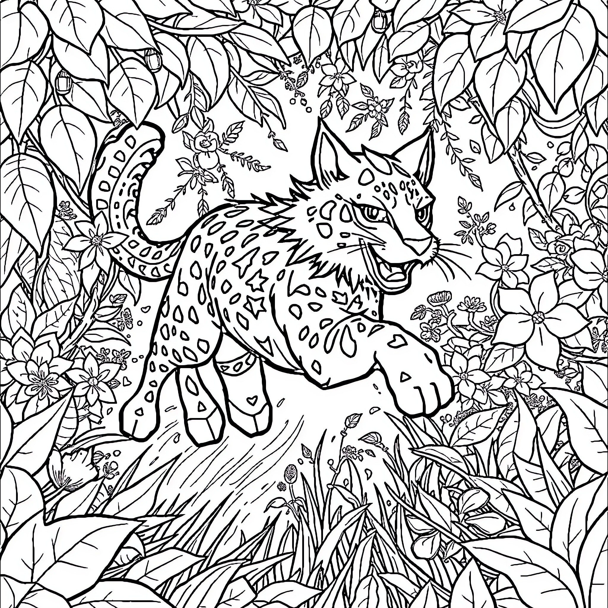 Lobo the Fierce Feline in Floral Fantasy Coloring Page (free black-and-white line drawing printable PDF for all, from beginners to advanced learners, including children, teens, adults, and seniors)