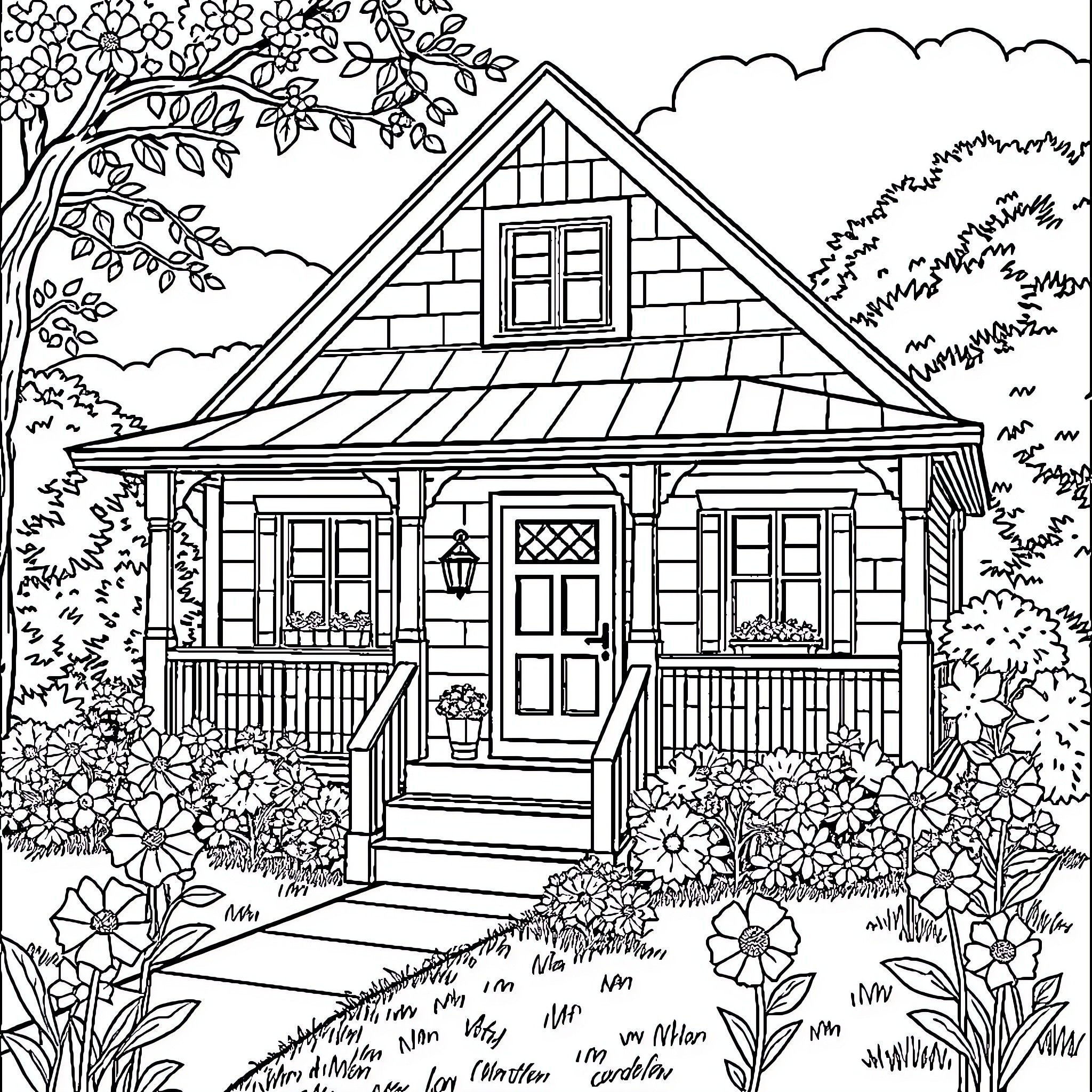 House with a charming cottage-style exterior in a garden setting Coloring Page (free black-and-white line drawing printable PDF for all, from beginners to advanced learners, including children, teens, adults, and seniors)
