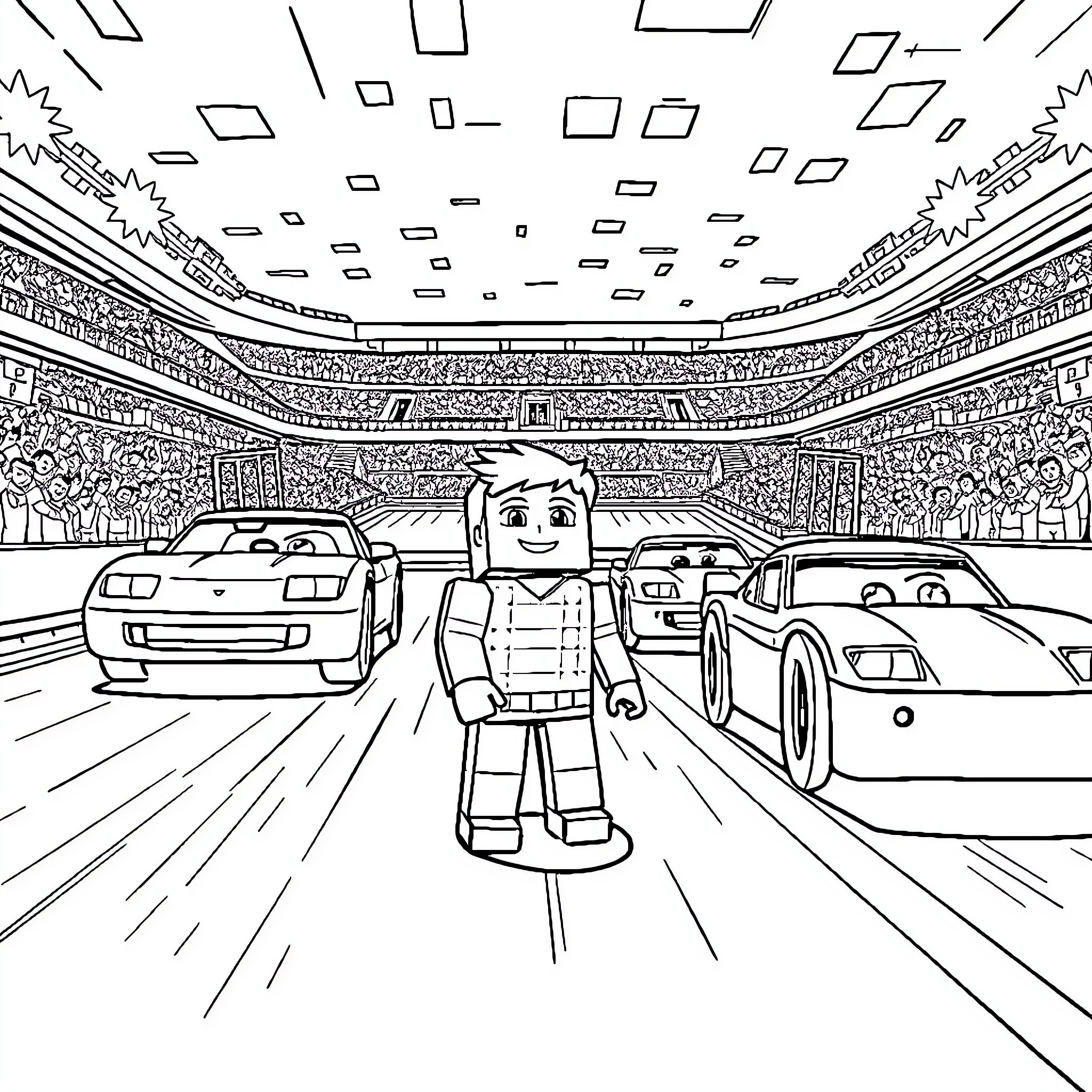 Car Racer in an Action-Packed Stadium Coloring Page (free black-and-white line drawing printable PDF for all, from beginners to advanced learners, including children, teens, adults, and seniors)