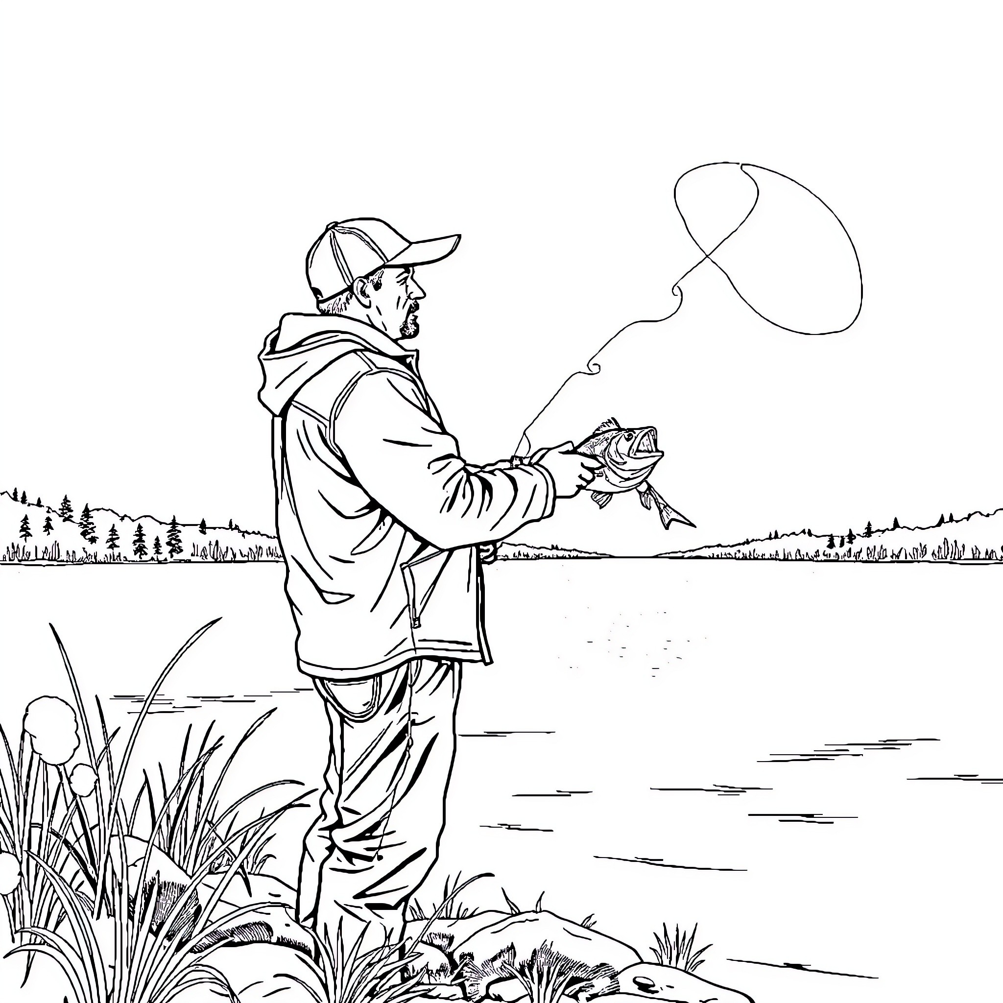 Man fishing with rod in a nature scene Coloring Page (free black-and-white line drawing printable PDF for all, from beginners to advanced learners, including children, teens, adults, and seniors)