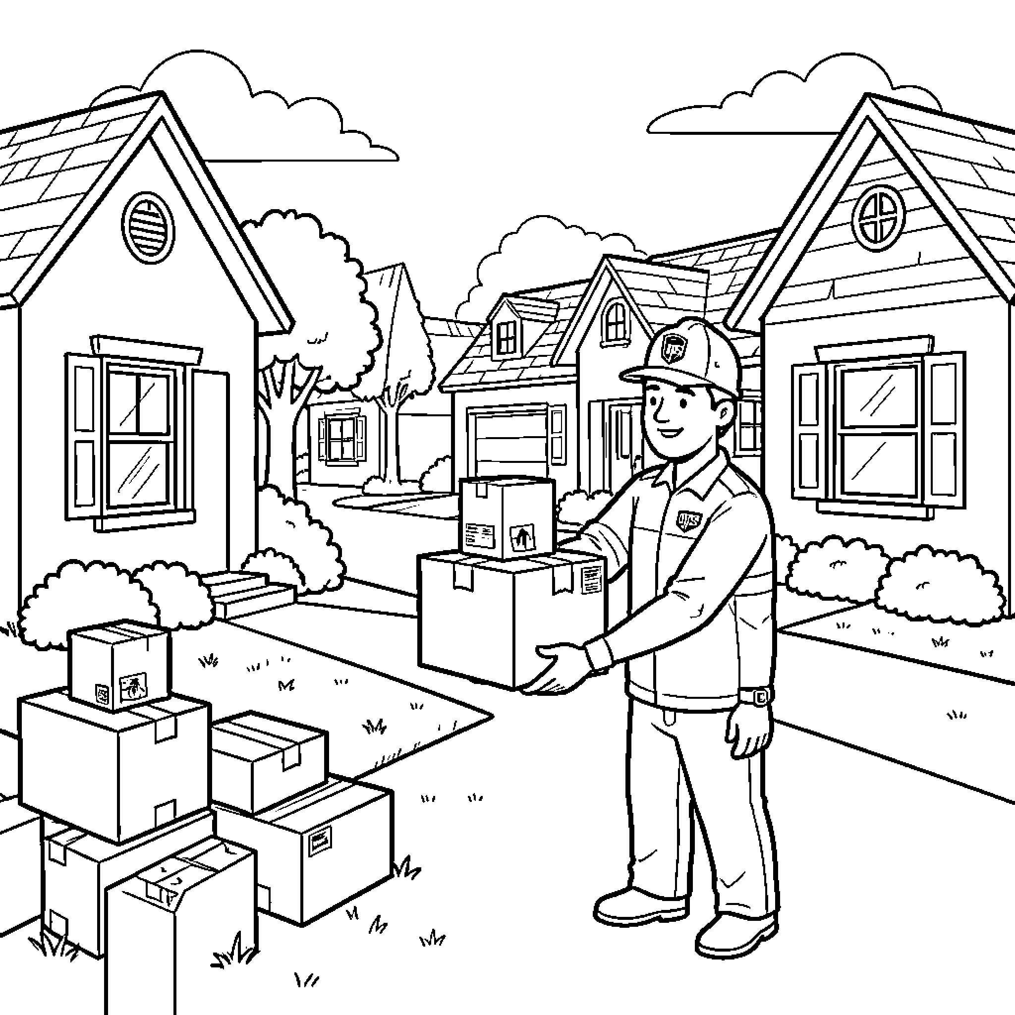 UPS Driver delivering many packages to a residential neighborhood Coloring Page (free black-and-white line drawing printable PDF for all, from beginners to advanced learners, including children, teens, adults, and seniors)