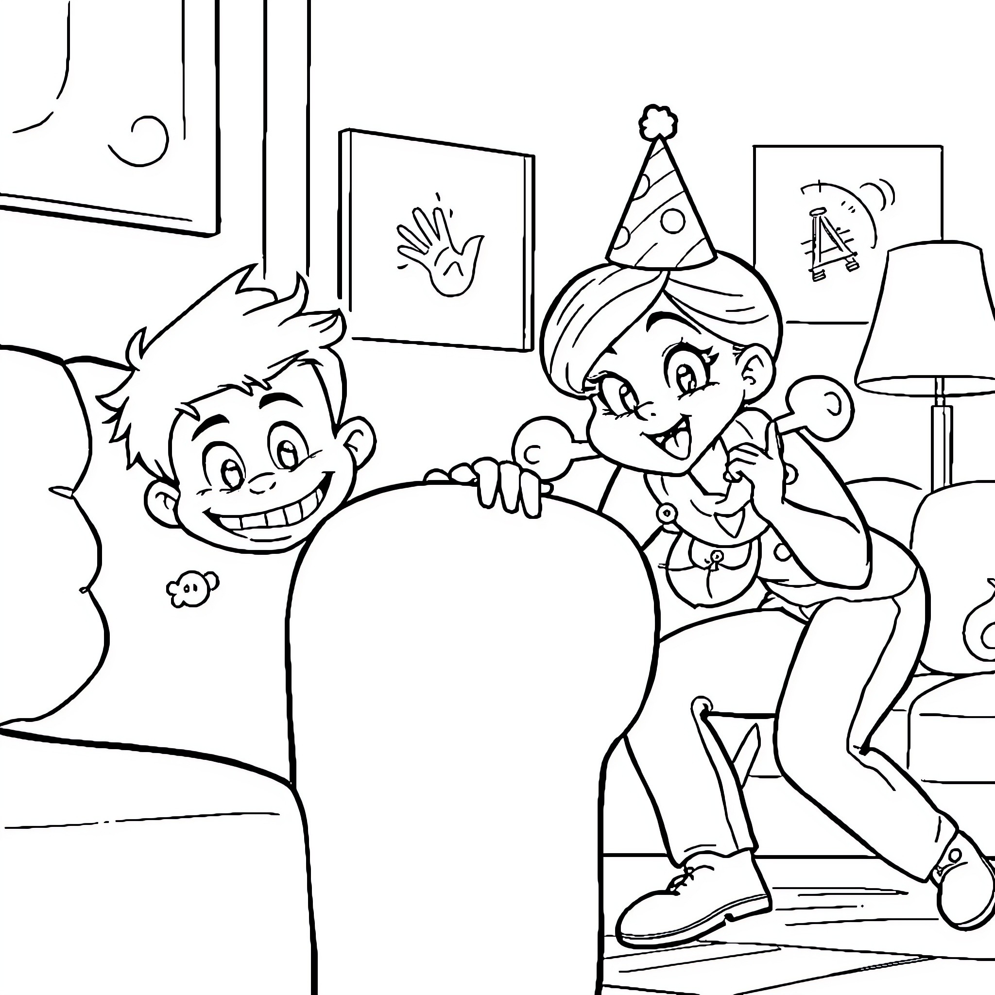 Family Celebrating a Birthday Party Coloring Page (free black-and-white line drawing printable PDF for all, from beginners to advanced learners, including children, teens, adults, and seniors)