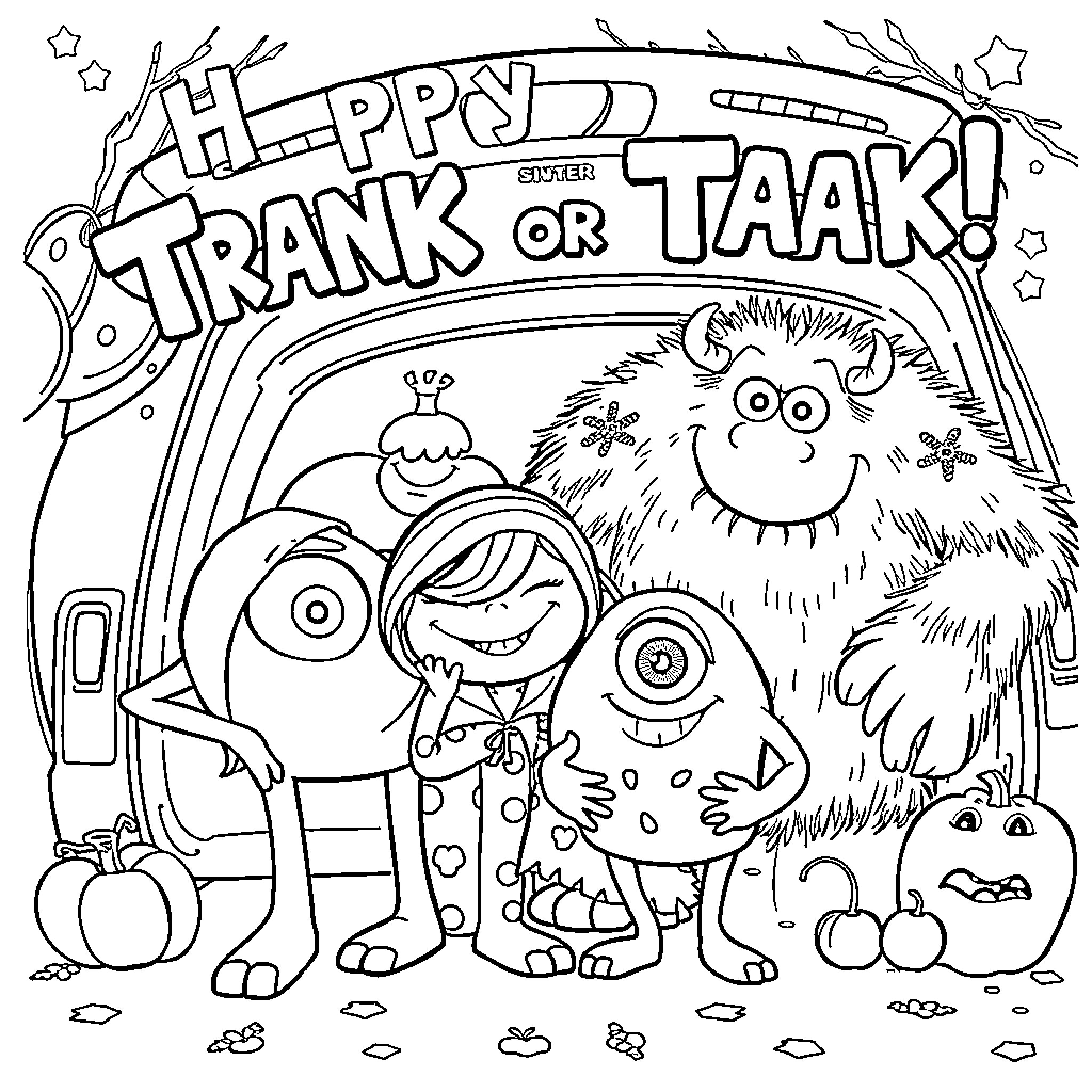 Monster Happy Trick or Taak! Fun Expressions and Outfits Coloring Page (free black-and-white line drawing printable PDF for all, from beginners to advanced learners, including children, teens, adults, and seniors)