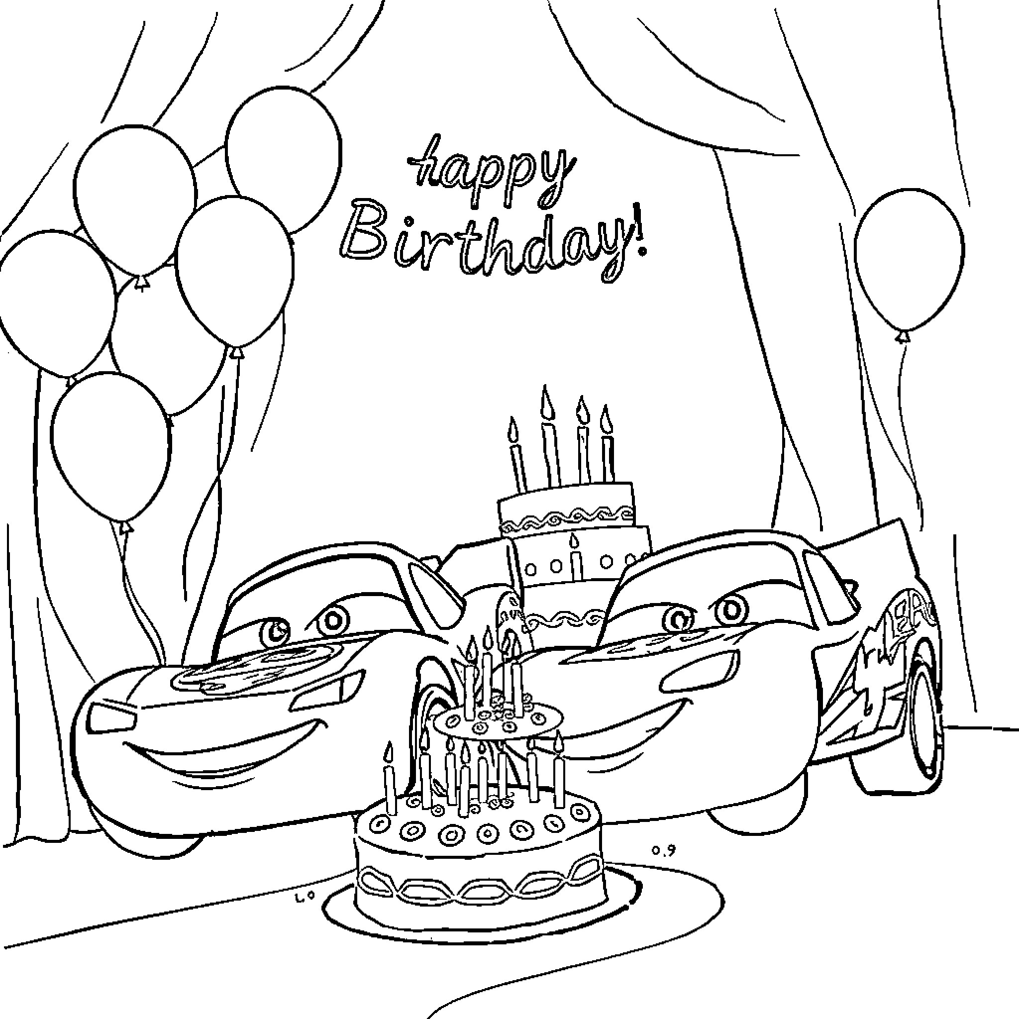 Flash McQueen's Happy Birthday Party Coloring Page (free black-and-white line drawing printable PDF for all, from beginners to advanced learners, including children, teens, adults, and seniors)