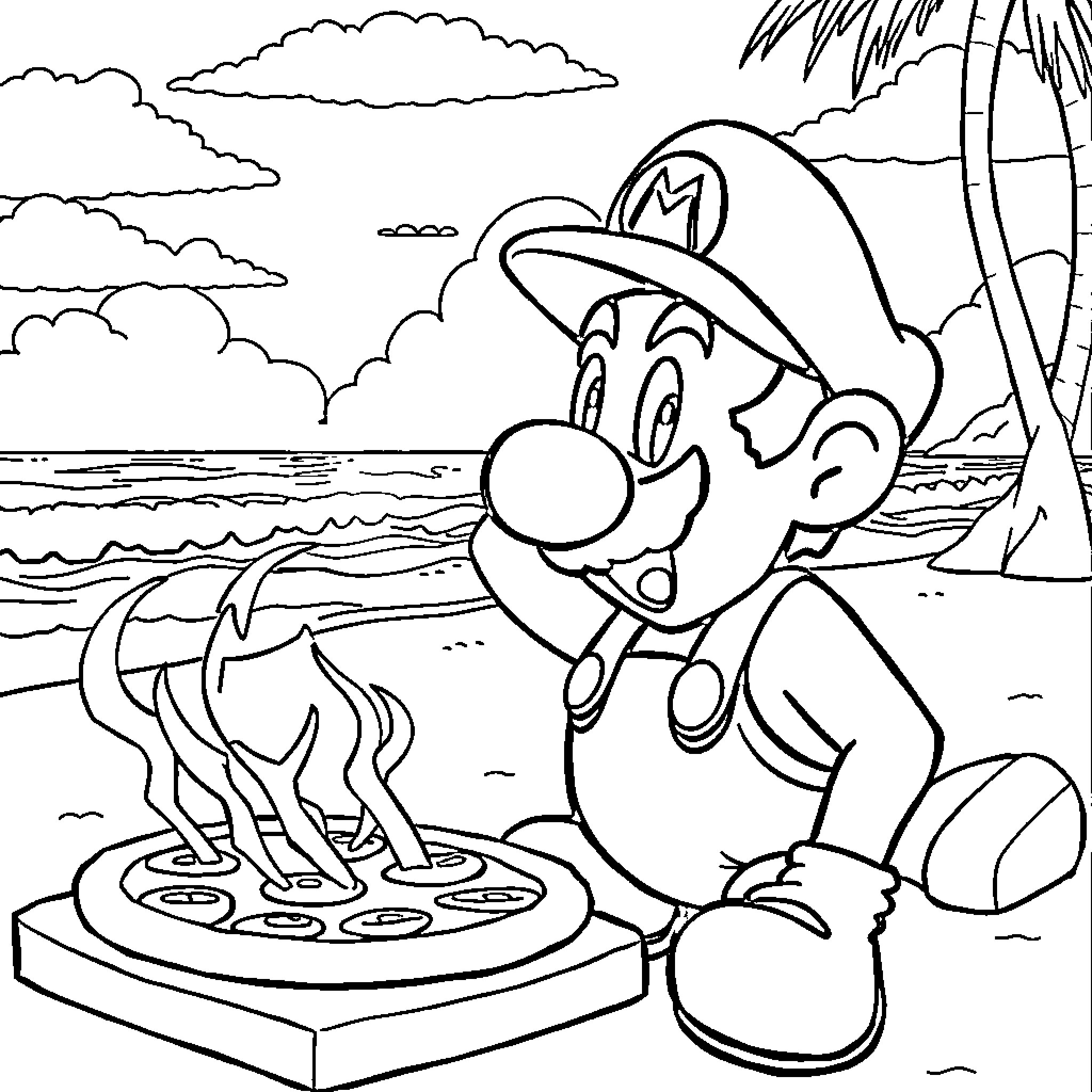 Mario enjoys a day at the beach Coloring Page (free black-and-white line drawing printable PDF for all, from beginners to advanced learners, including children, teens, adults, and seniors)