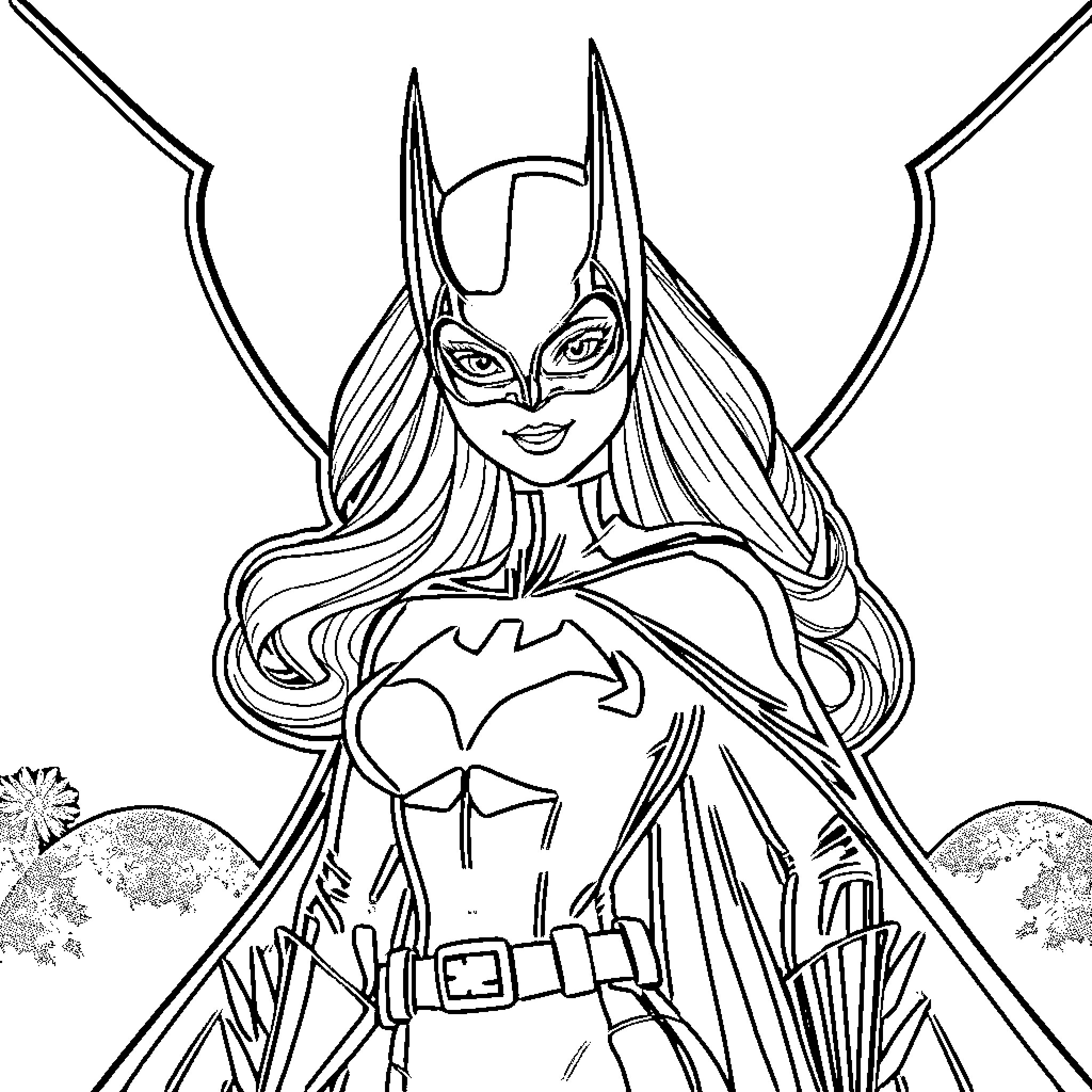 Barbie in heroic Batgirl pose Coloring Page (free black-and-white line drawing printable PDF for all, from beginners to advanced learners, including children, teens, adults, and seniors)