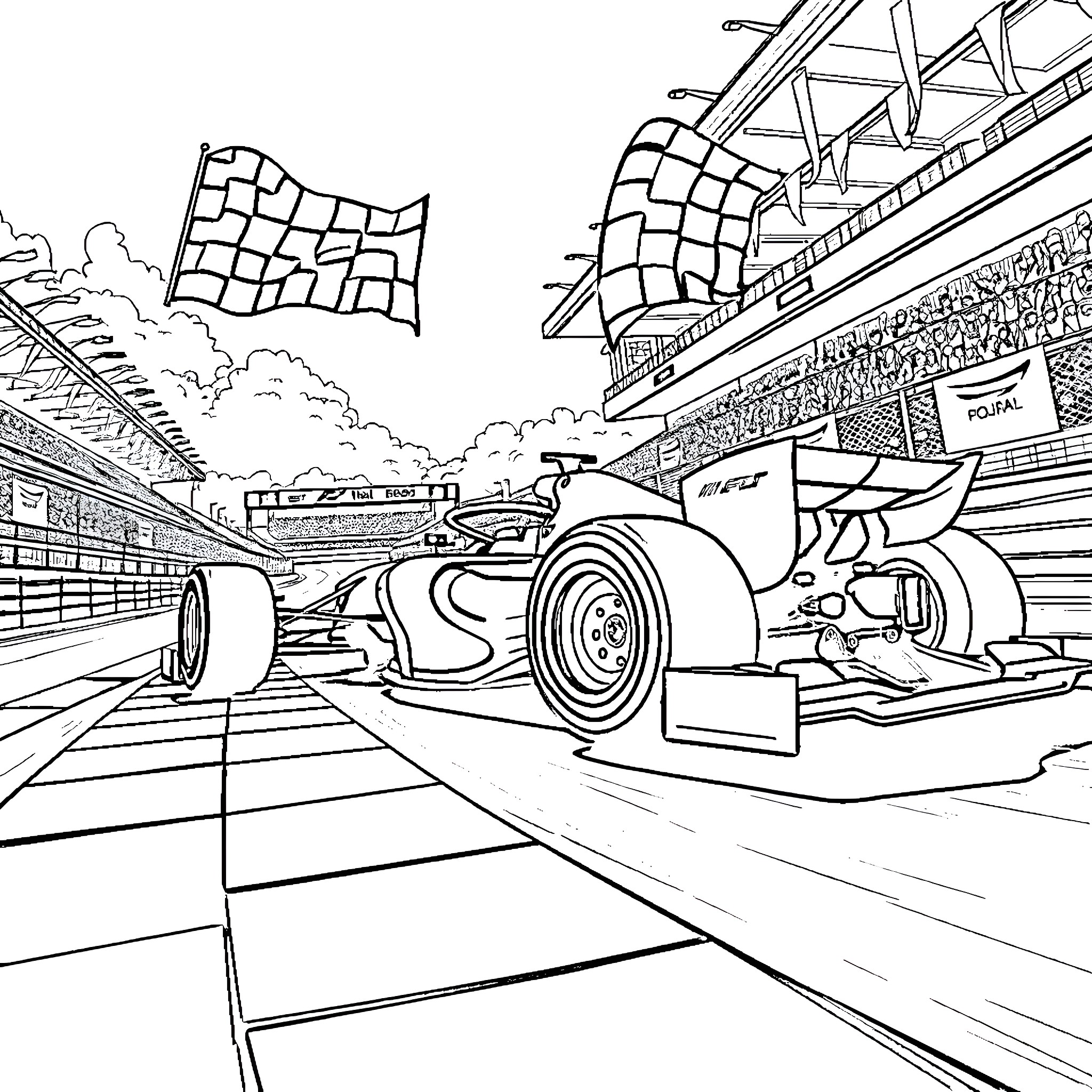Formula 1 Racing Vehicles on the Track Coloring Page (free black-and-white line drawing printable PDF for all, from beginners to advanced learners, including children, teens, adults, and seniors)