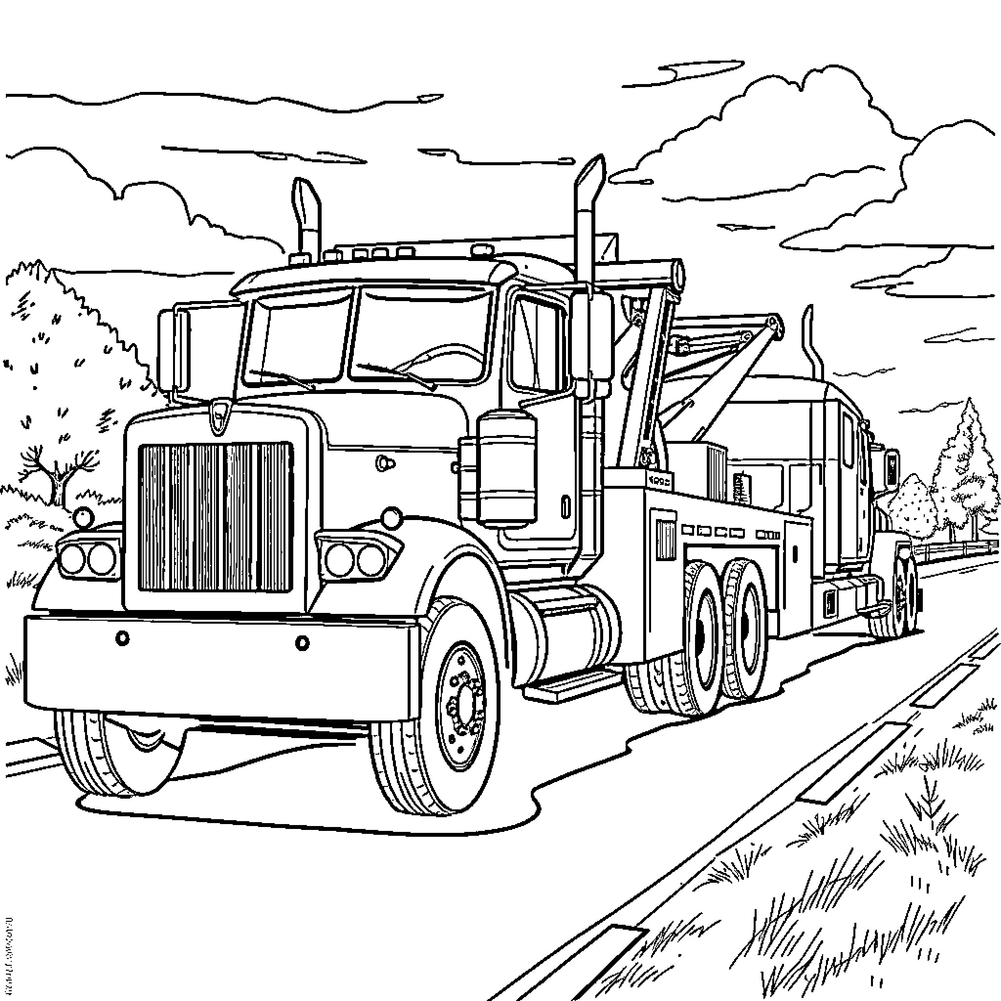 Tow Truck Hauling Heavy Vehicle in Rural Landscape Coloring Page (free black-and-white line drawing printable PDF for all, from beginners to advanced learners, including children, teens, adults, and seniors)