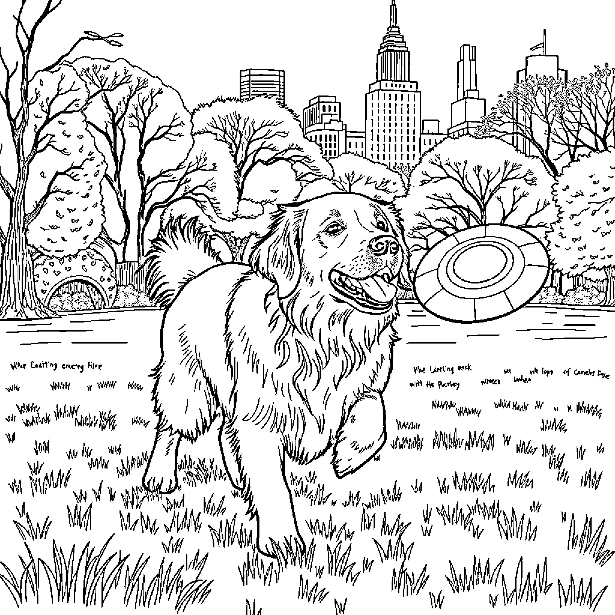 Dog playing with a frisbee in a city park Coloring Page (free black-and-white line drawing printable PDF for all, from beginners to advanced learners, including children, teens, adults, and seniors)