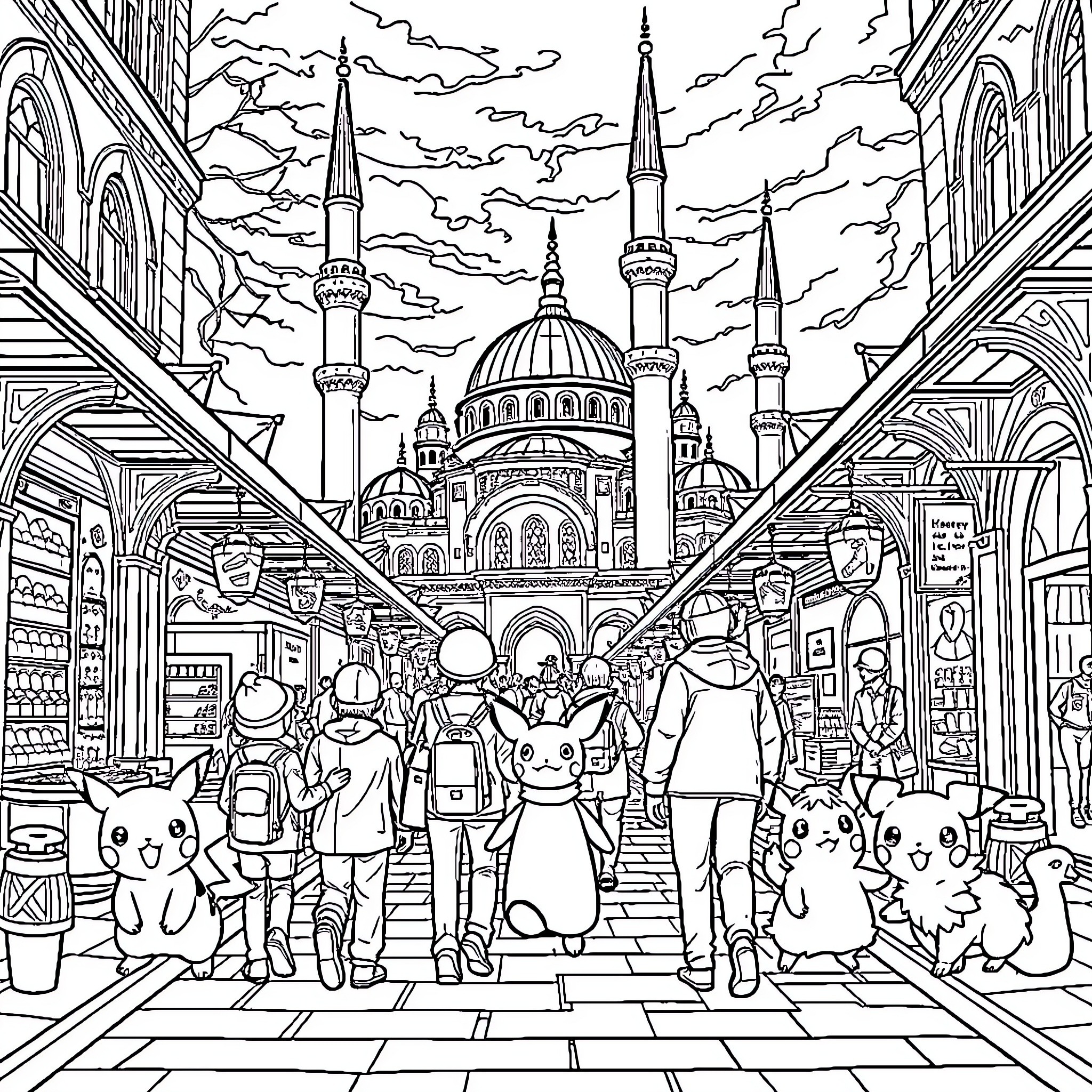 Pokémon characters exploring a vibrant city scene Coloring Page (free black-and-white line drawing printable PDF for all, from beginners to advanced learners, including children, teens, adults, and seniors)